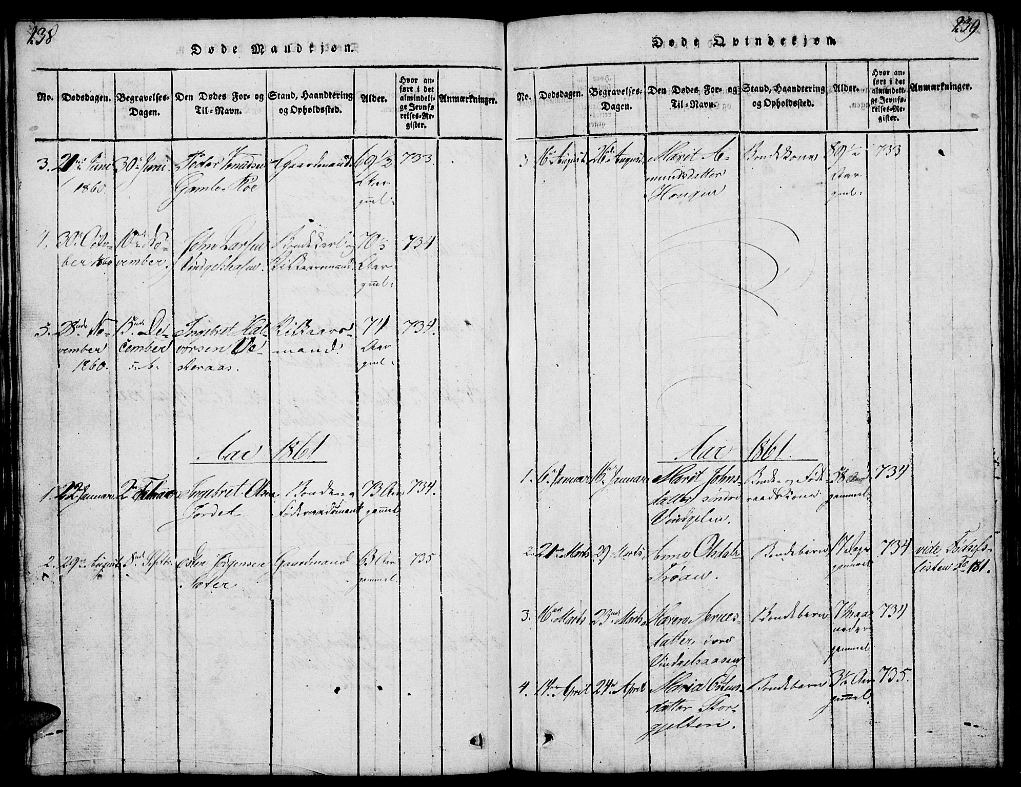 Tolga prestekontor, SAH/PREST-062/L/L0003: Parish register (copy) no. 3, 1815-1862, p. 238-239