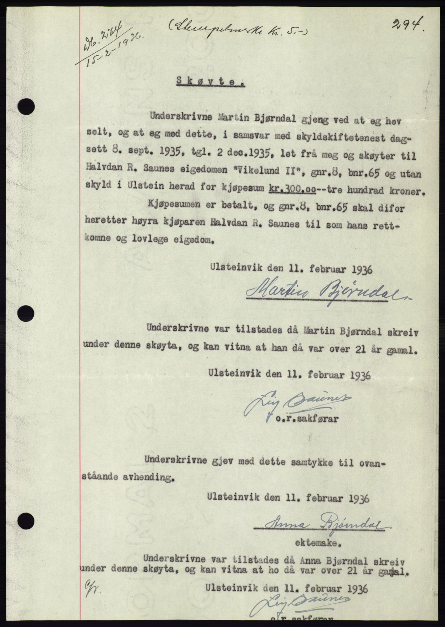 Søre Sunnmøre sorenskriveri, AV/SAT-A-4122/1/2/2C/L0060: Mortgage book no. 54, 1935-1936, Deed date: 15.02.1936