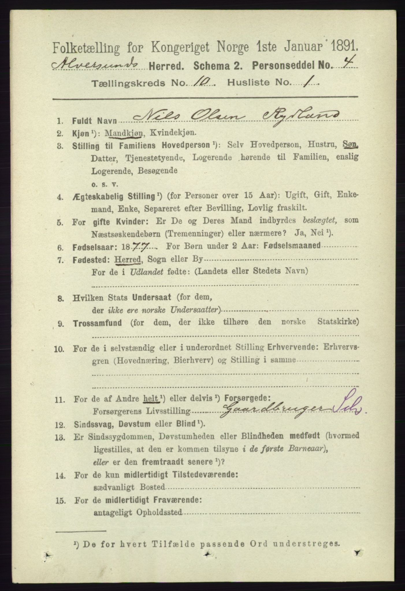 RA, 1891 census for 1257 Alversund, 1891, p. 3465