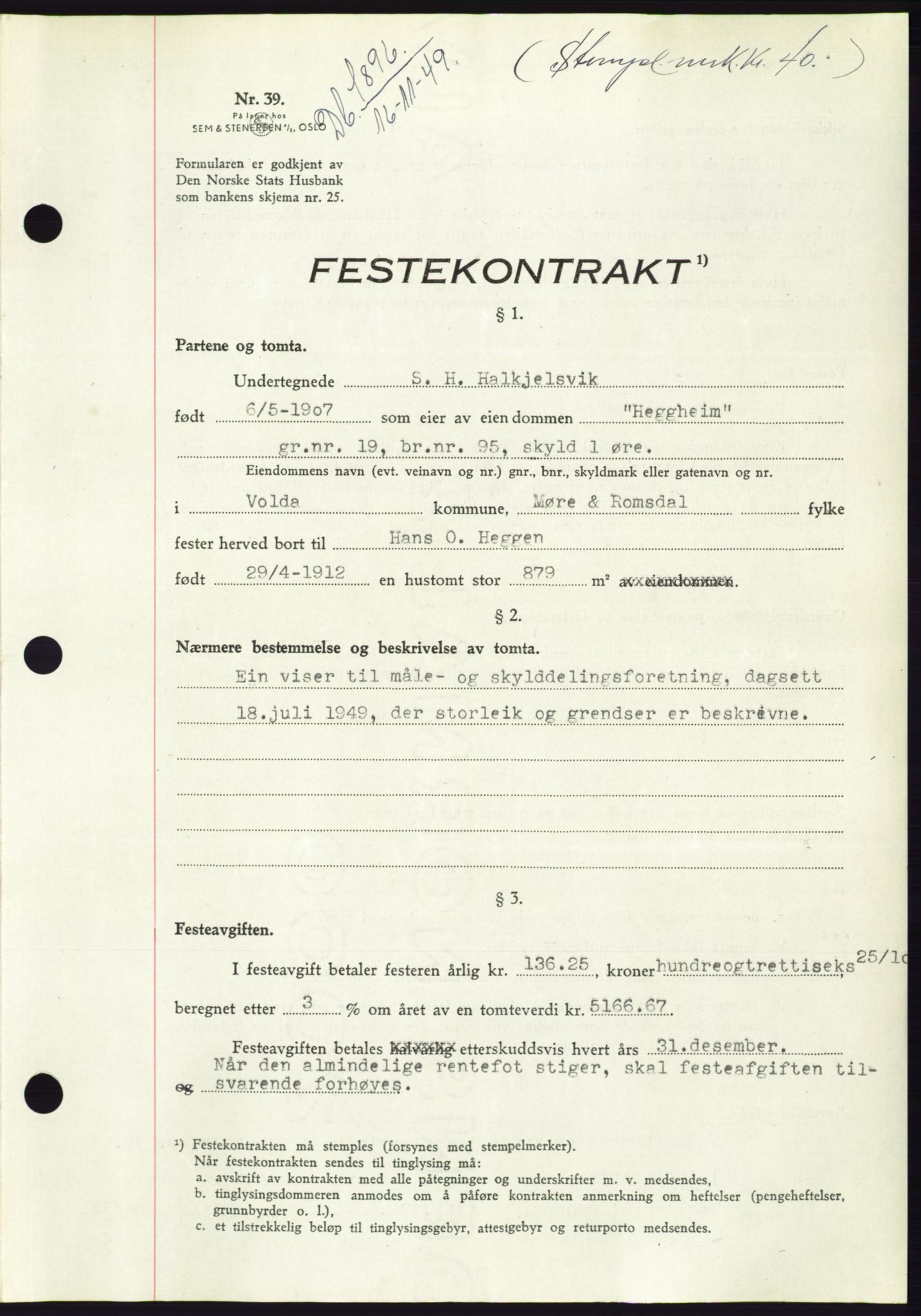 Søre Sunnmøre sorenskriveri, AV/SAT-A-4122/1/2/2C/L0085: Mortgage book no. 11A, 1949-1949, Diary no: : 1896/1949