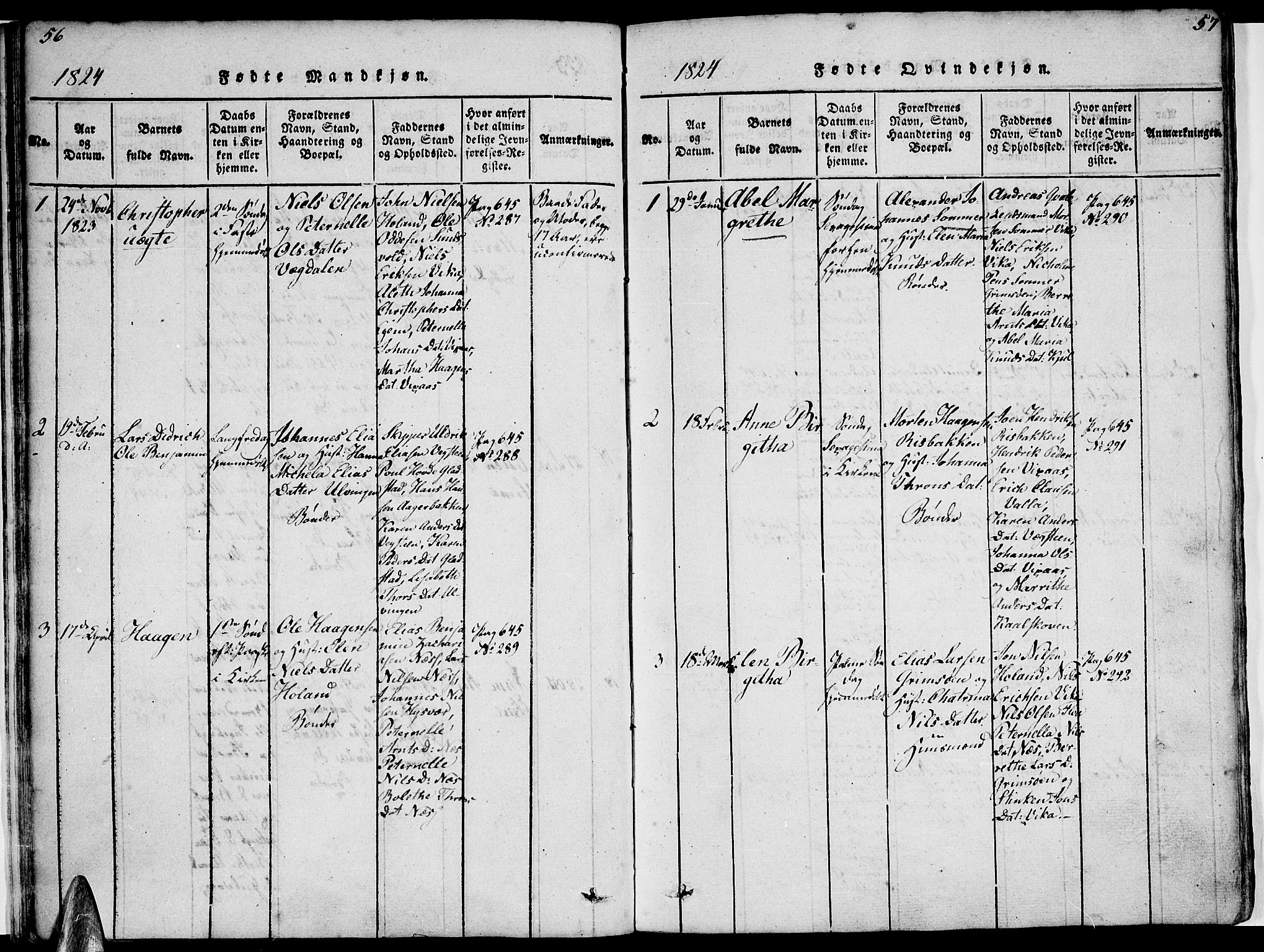 Ministerialprotokoller, klokkerbøker og fødselsregistre - Nordland, SAT/A-1459/816/L0239: Parish register (official) no. 816A05, 1820-1845, p. 56-57