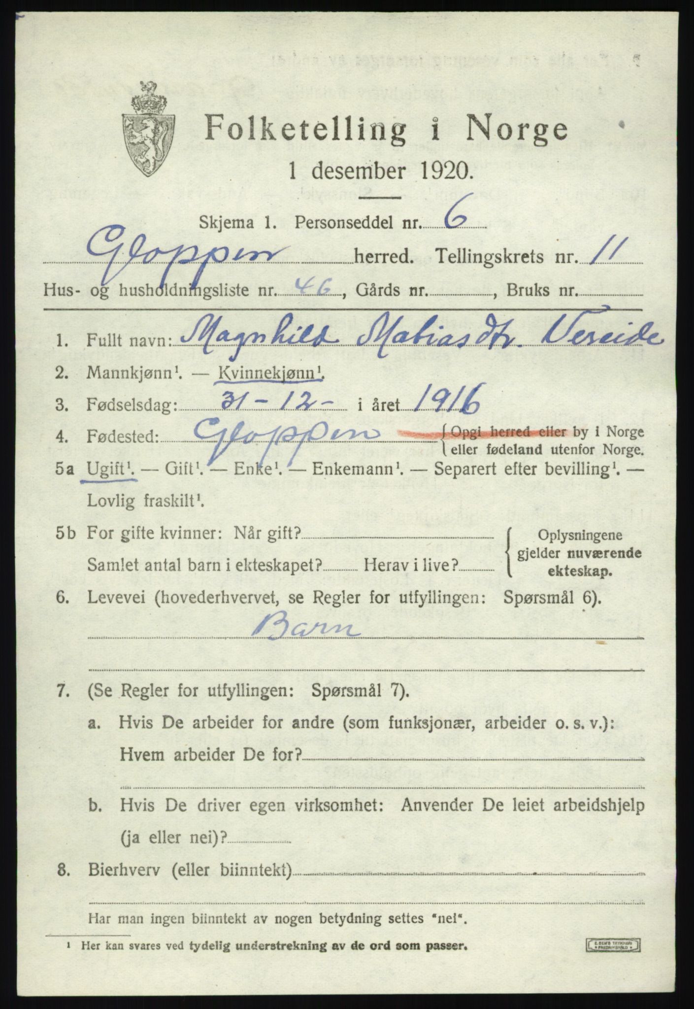 SAB, 1920 census for Gloppen, 1920, p. 6060