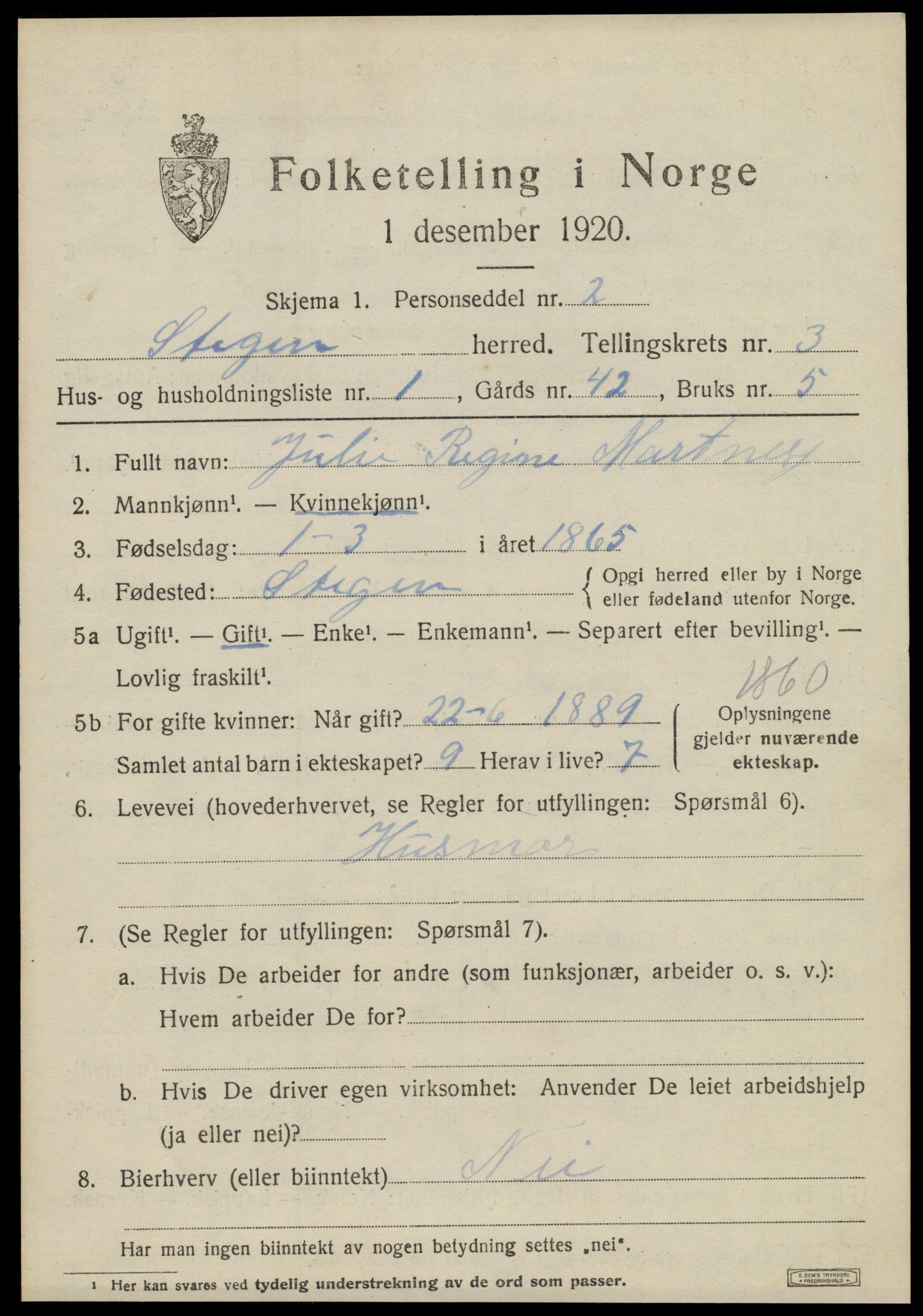 SAT, 1920 census for Steigen, 1920, p. 1366