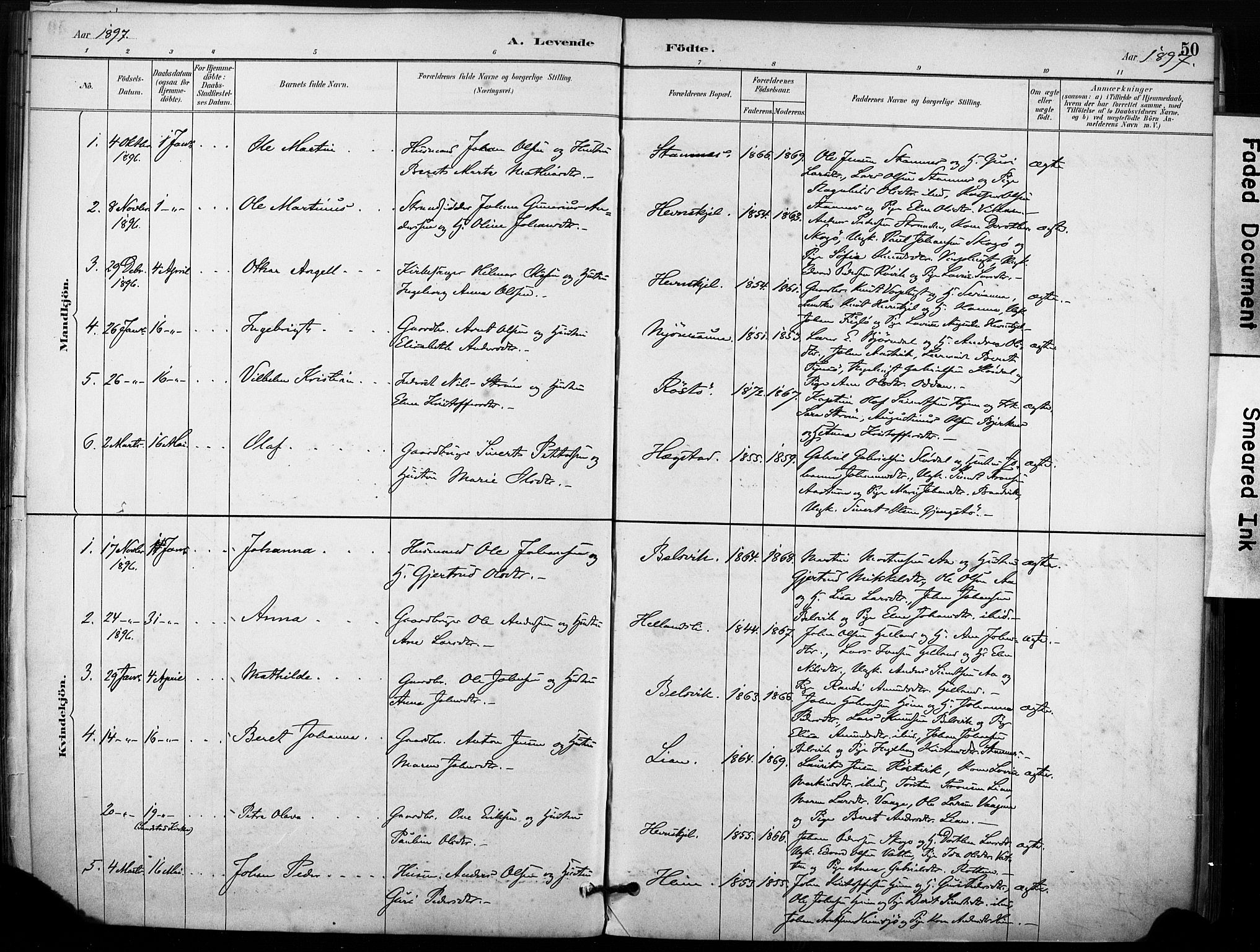 Ministerialprotokoller, klokkerbøker og fødselsregistre - Sør-Trøndelag, SAT/A-1456/633/L0518: Parish register (official) no. 633A01, 1884-1906, p. 50