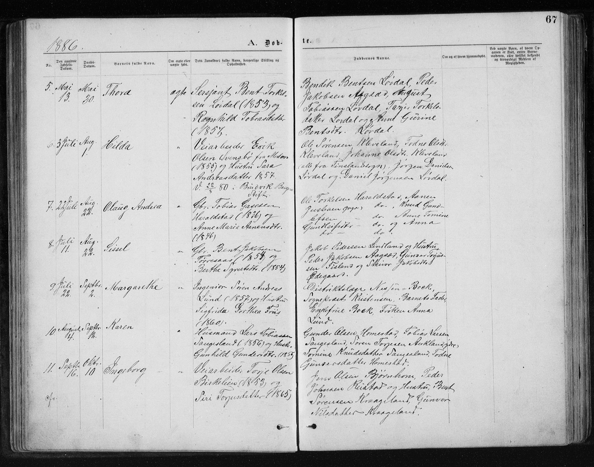 Holum sokneprestkontor, SAK/1111-0022/F/Fb/Fbb/L0003: Parish register (copy) no. B 3, 1875-1898, p. 67