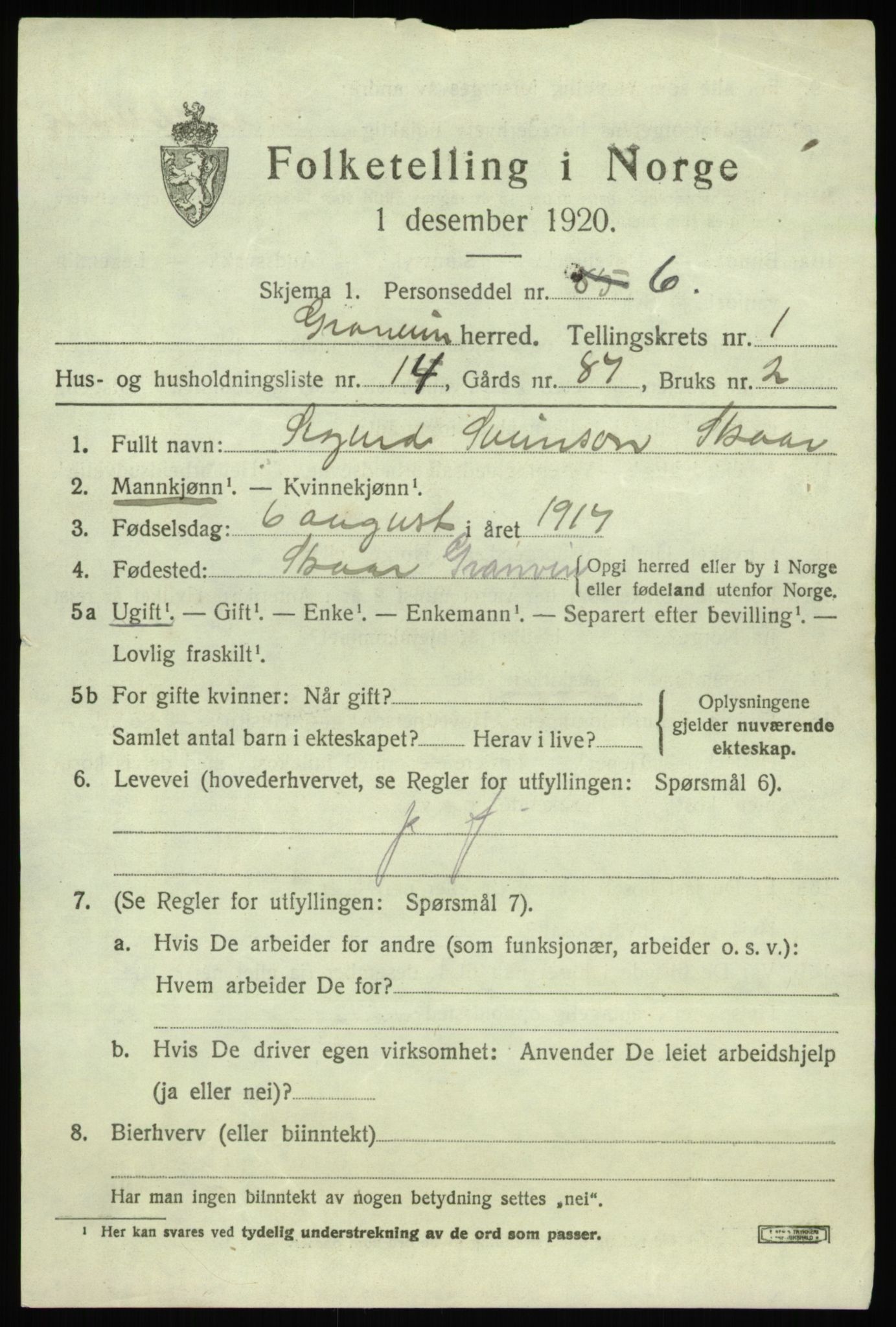 SAB, 1920 census for Granvin, 1920, p. 632