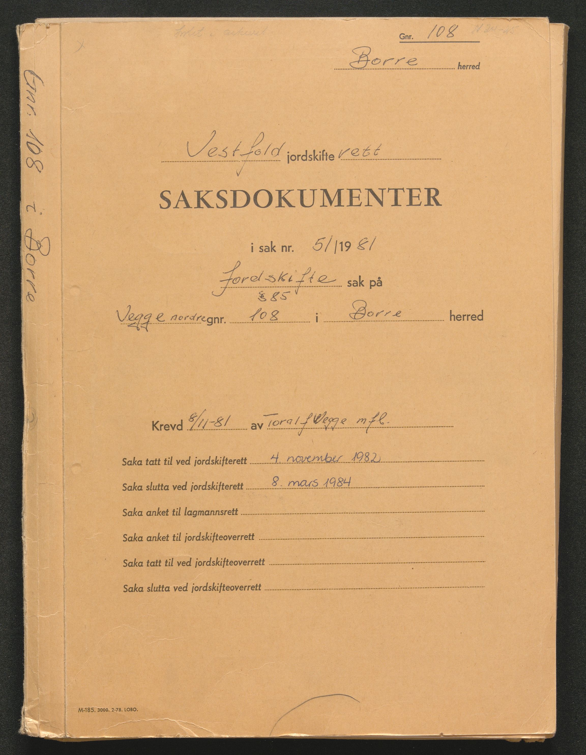 Vestfold jordskifterett, SAKO/A-1152/G/Gb/L0021/0003: Horten, gnr. 72-108 / Gårdsnr. 108: Sak 0700-1981-0051, 1982-1984, p. 1