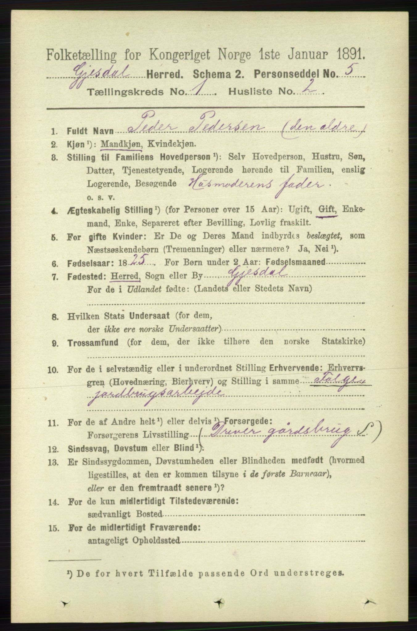 RA, 1891 census for 1122 Gjesdal, 1891, p. 69