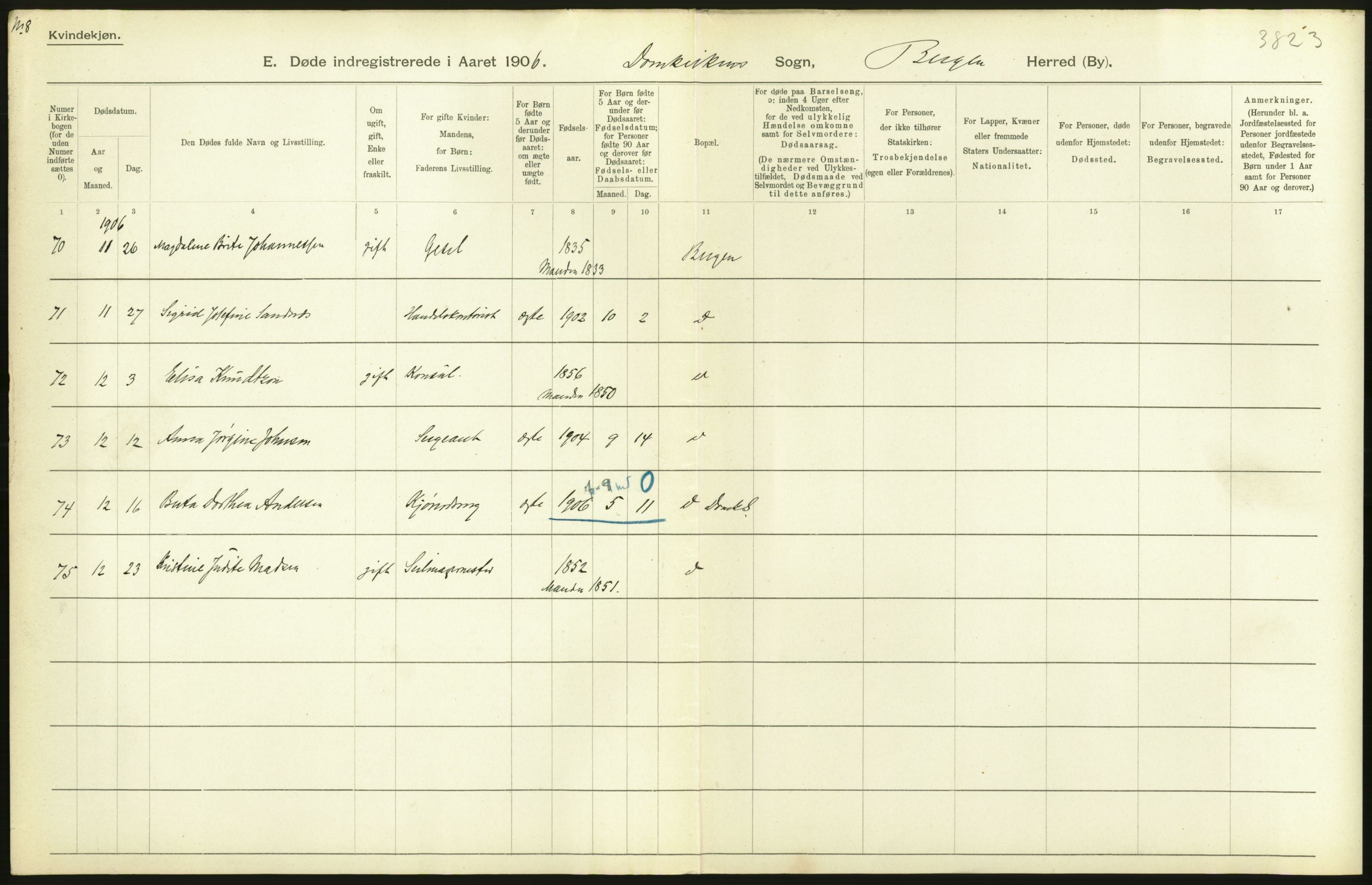 Statistisk sentralbyrå, Sosiodemografiske emner, Befolkning, RA/S-2228/D/Df/Dfa/Dfad/L0032: Bergen: Gifte, døde, dødfødte., 1906, p. 118