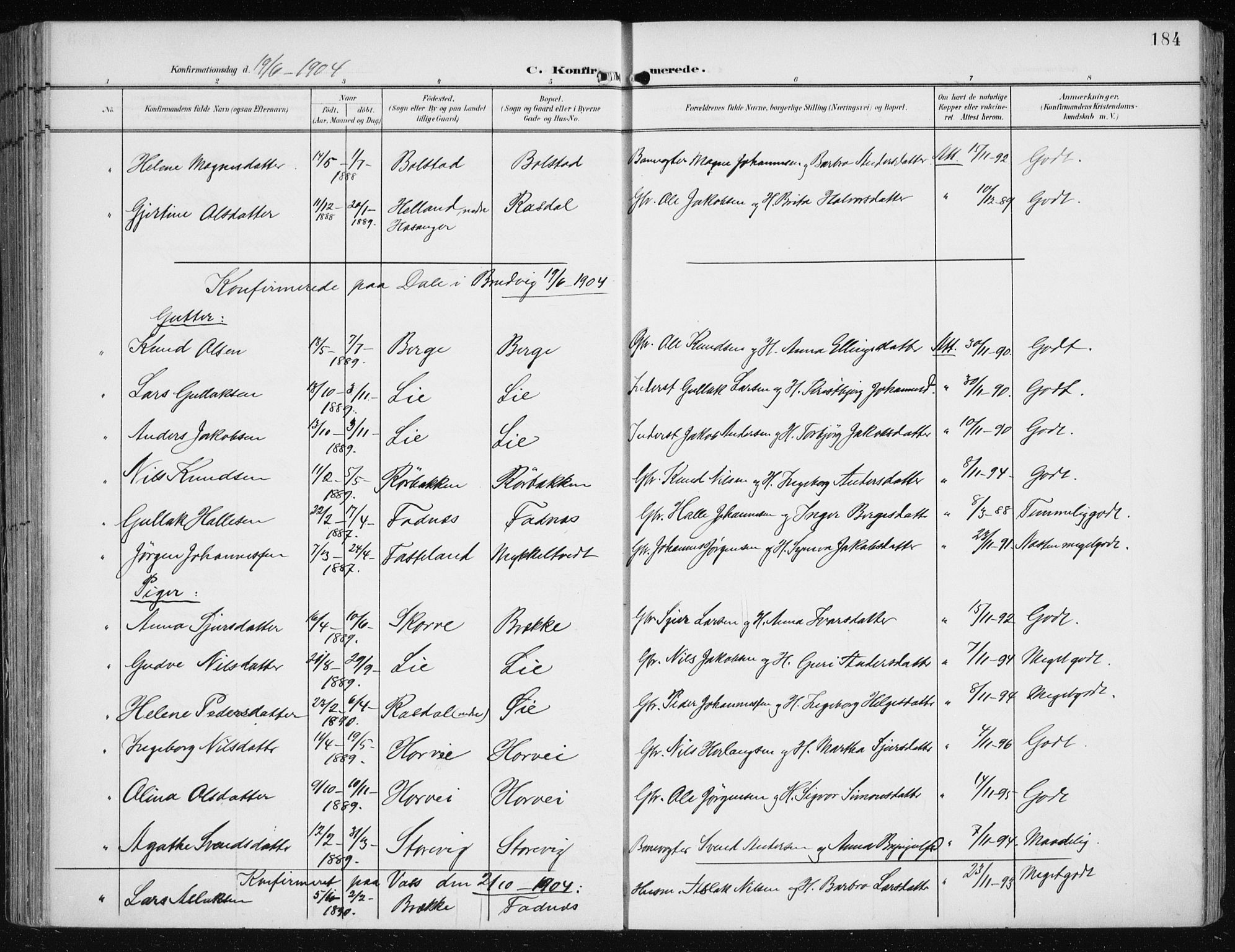 Evanger sokneprestembete, SAB/A-99924: Parish register (official) no. A  3, 1900-1930, p. 184