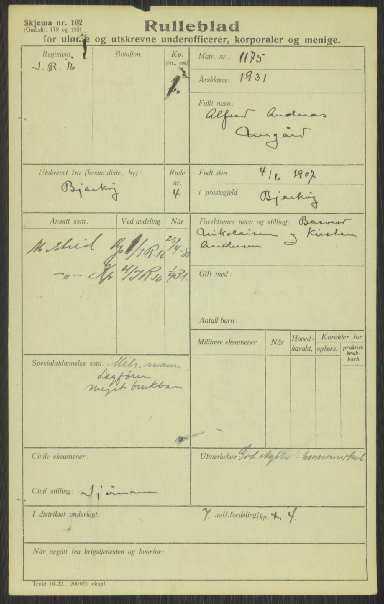 Forsvaret, Troms infanteriregiment nr. 16, AV/RA-RAFA-3146/P/Pa/L0015: Rulleblad for regimentets menige mannskaper, årsklasse 1931, 1931, p. 807