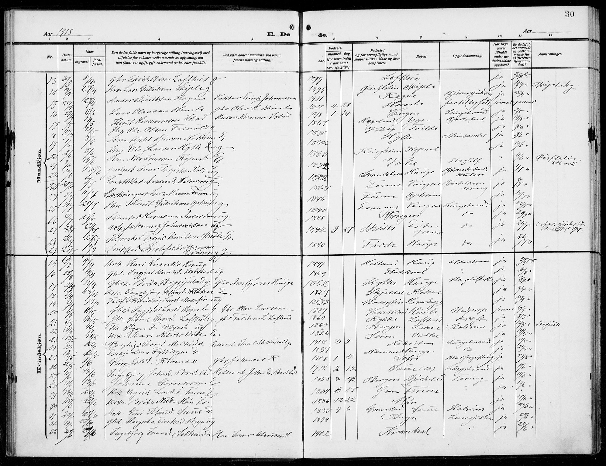 Voss sokneprestembete, AV/SAB-A-79001/H/Haa: Parish register (official) no. D  2, 1910-1932, p. 30