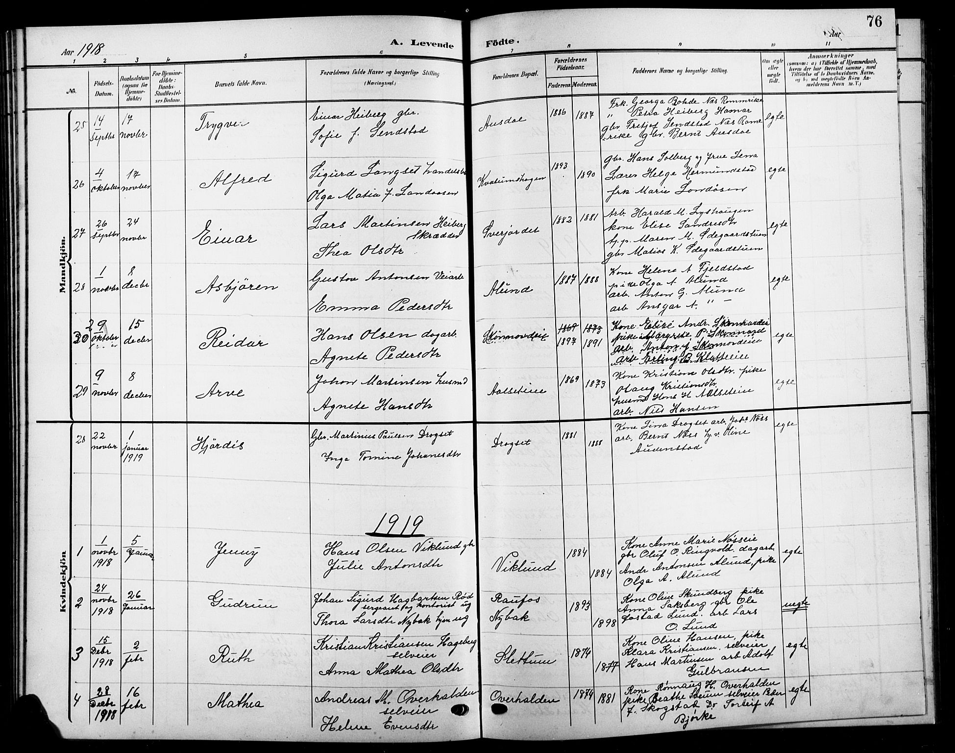 Biri prestekontor, SAH/PREST-096/H/Ha/Hab/L0005: Parish register (copy) no. 5, 1906-1919, p. 76