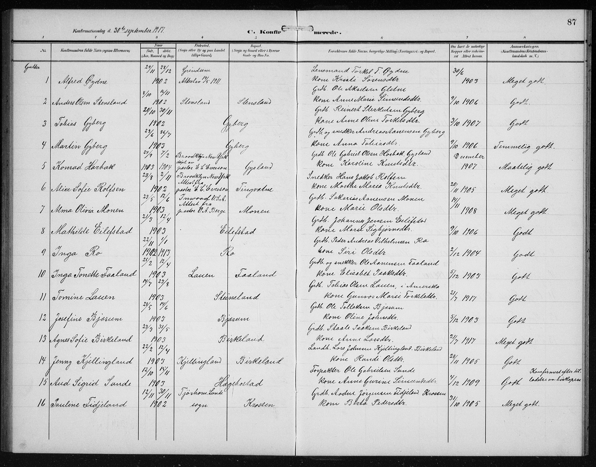 Hægebostad sokneprestkontor, SAK/1111-0024/F/Fb/Fba/L0005: Parish register (copy) no. B 5, 1907-1931, p. 87