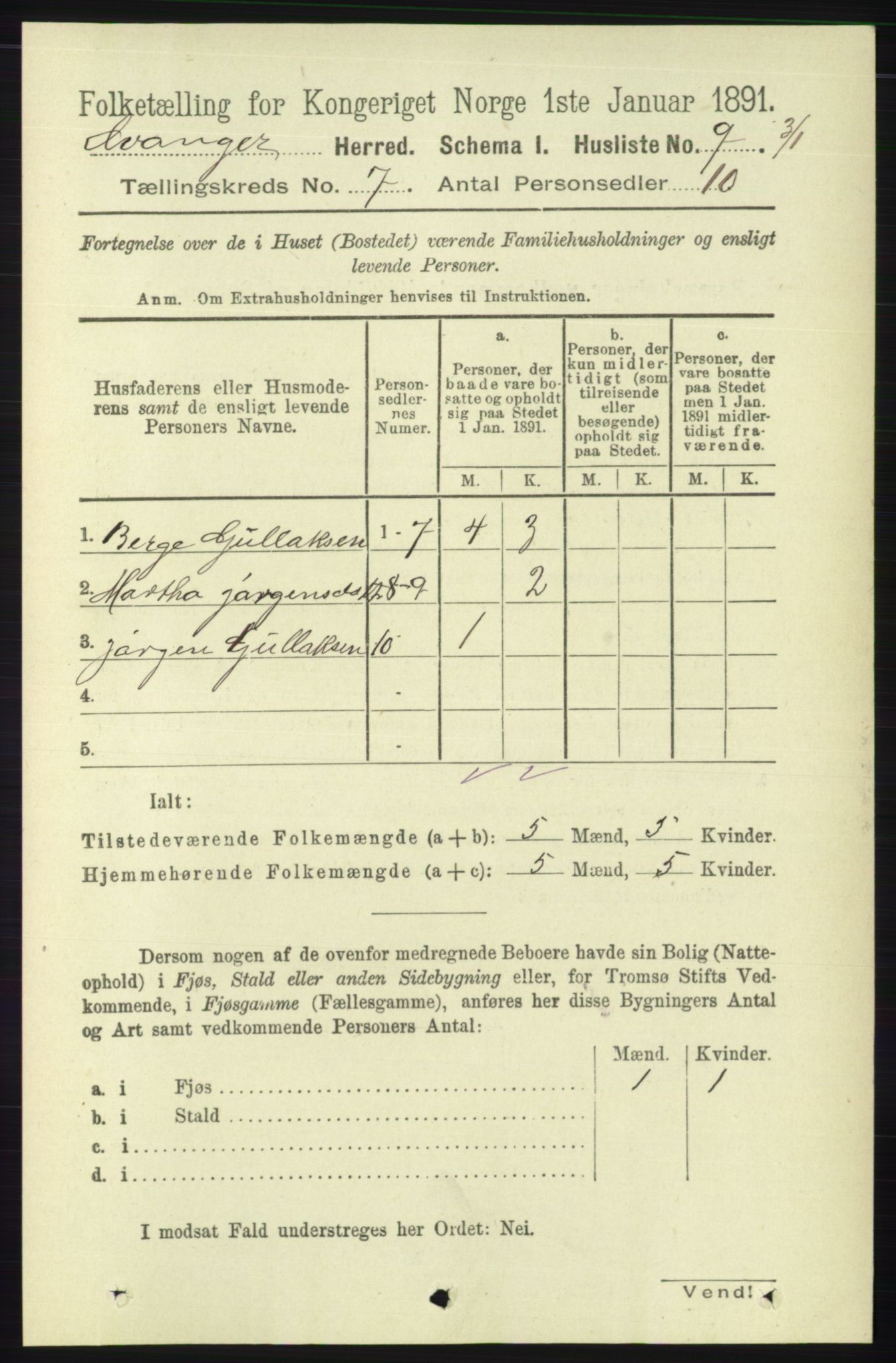 RA, 1891 census for 1237 Evanger, 1891, p. 1819