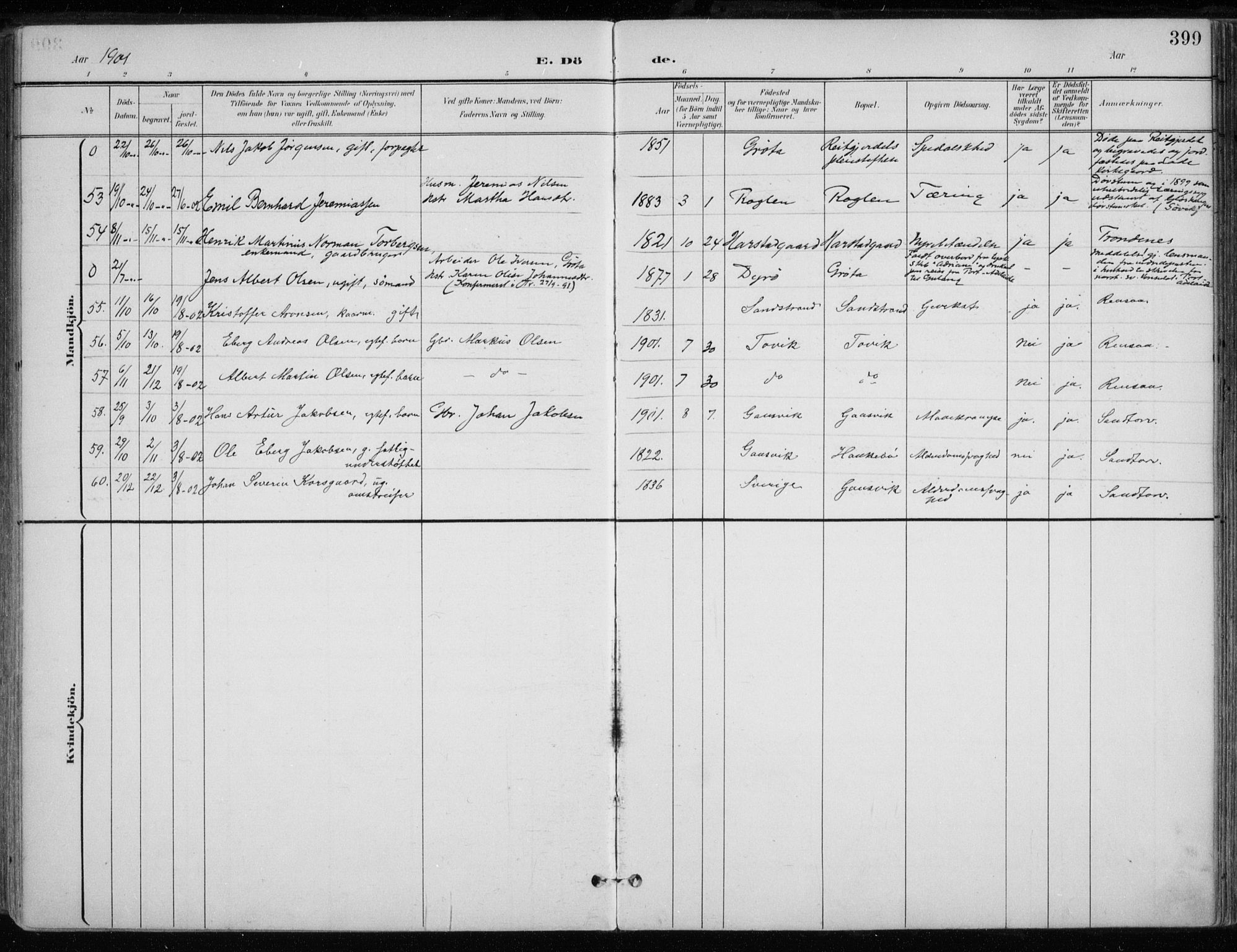 Trondenes sokneprestkontor, AV/SATØ-S-1319/H/Ha/L0017kirke: Parish register (official) no. 17, 1899-1908, p. 399