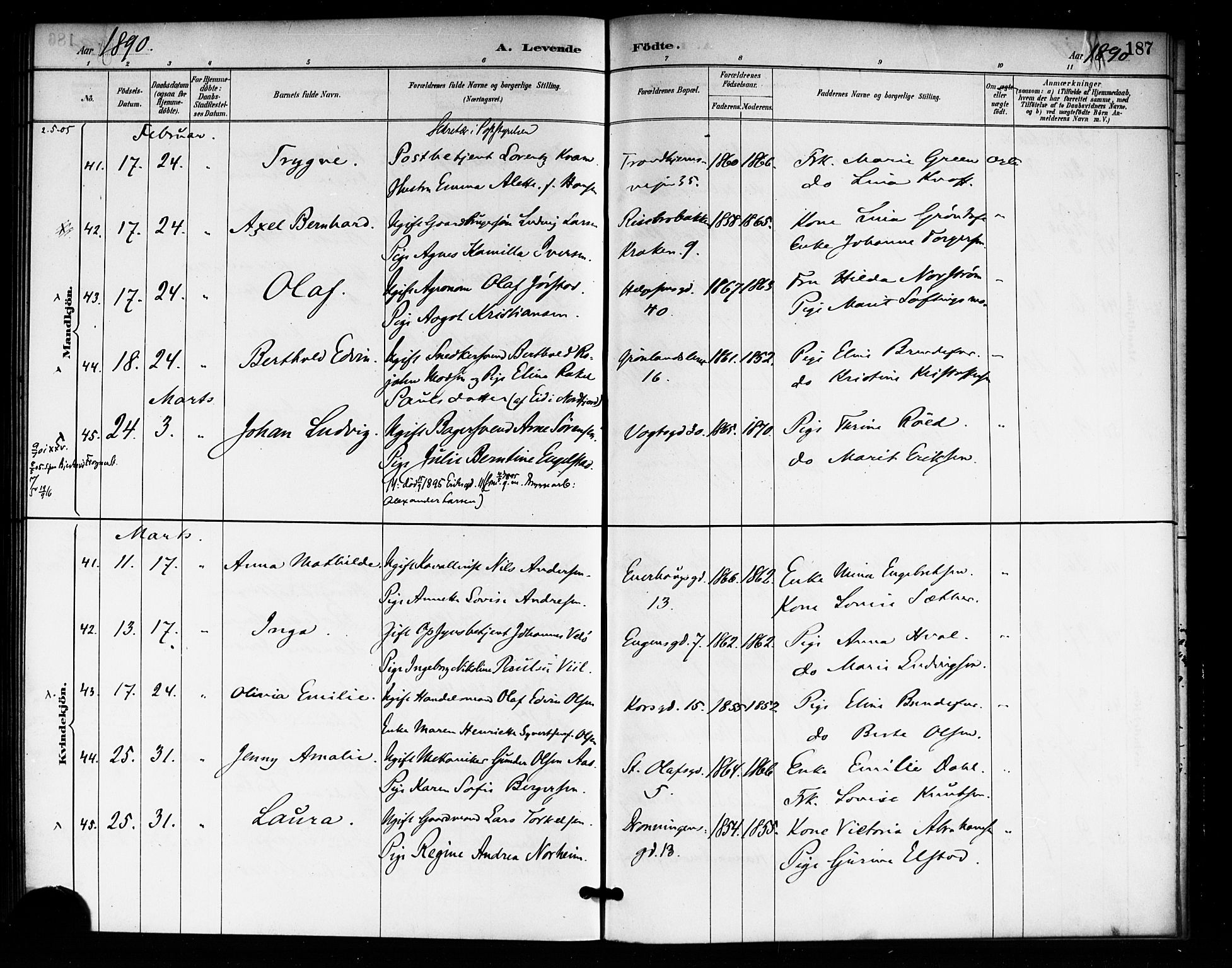 Rikshospitalet prestekontor Kirkebøker, AV/SAO-A-10309b/F/L0007: Parish register (official) no. 7, 1885-1890, p. 187