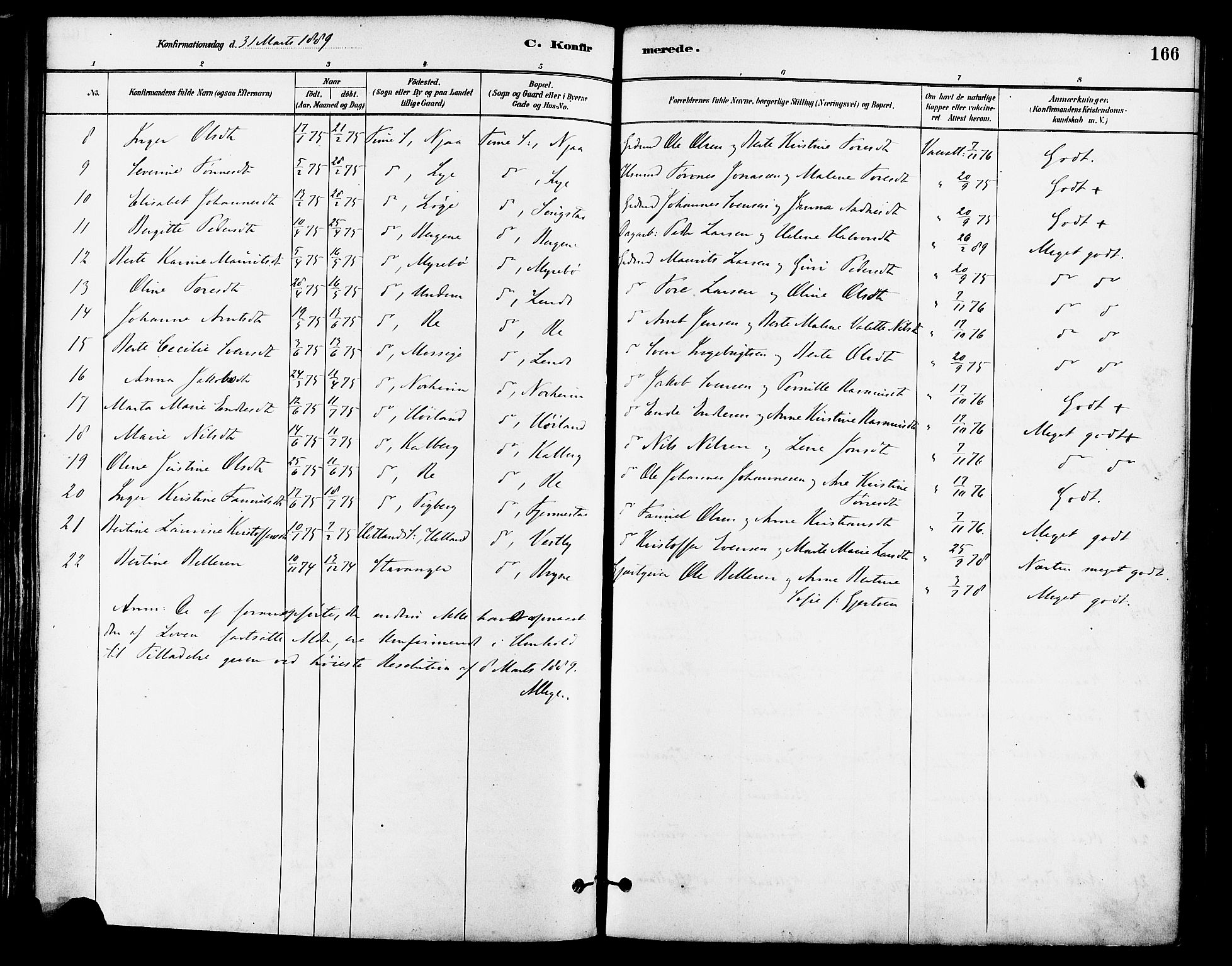 Lye sokneprestkontor, AV/SAST-A-101794/001/30BA/L0009: Parish register (official) no. A 8, 1881-1892, p. 166