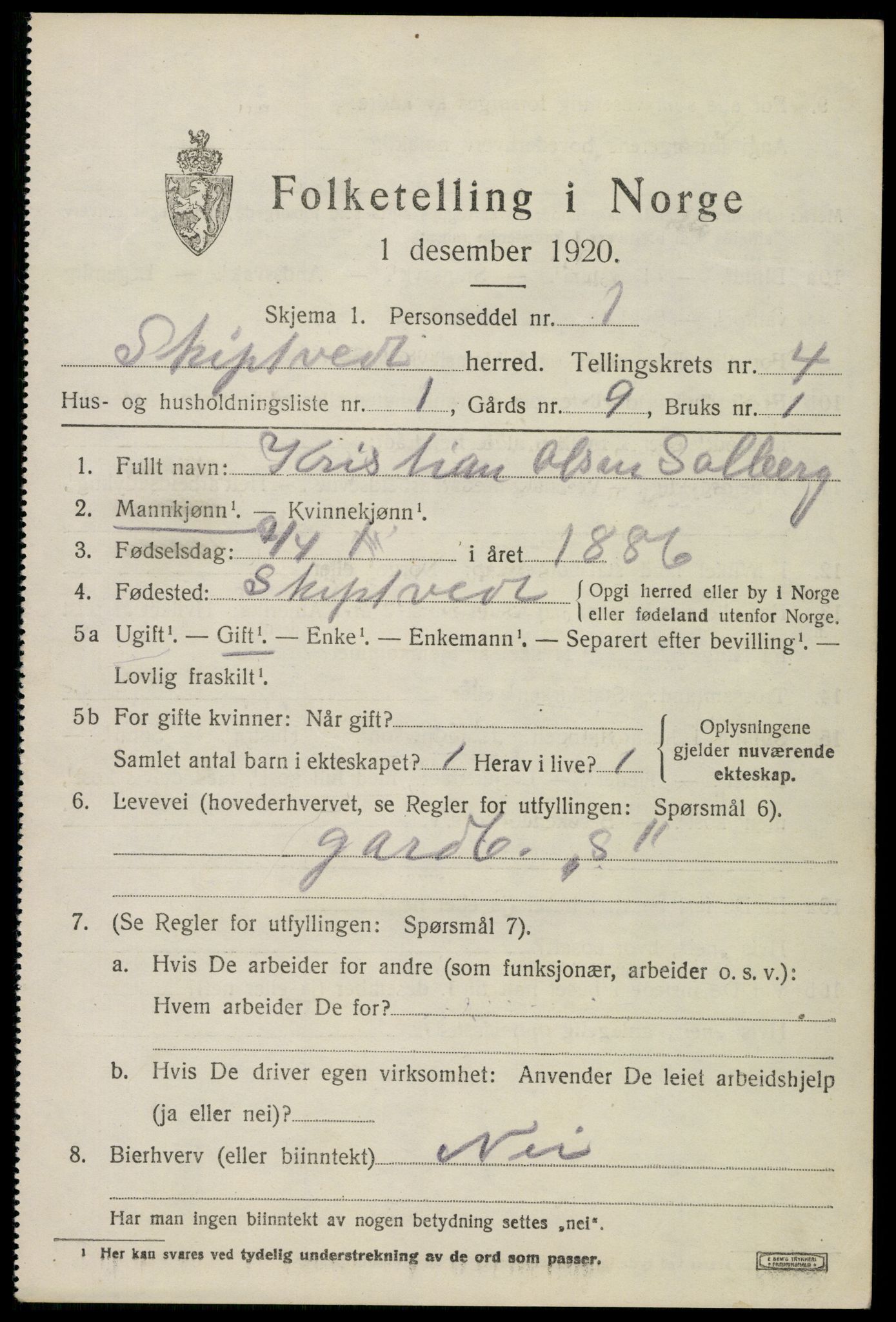 SAO, 1920 census for Skiptvet, 1920, p. 4195