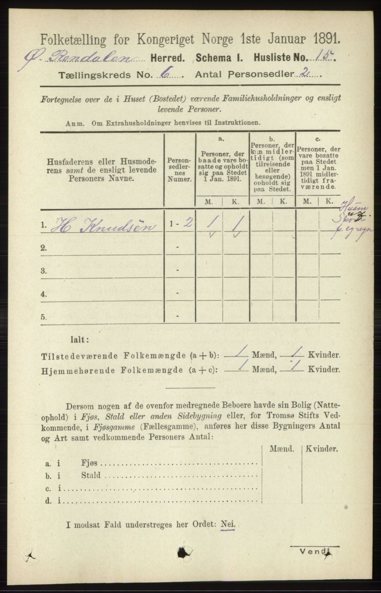 RA, 1891 census for 0433 Øvre Rendal, 1891, p. 1587