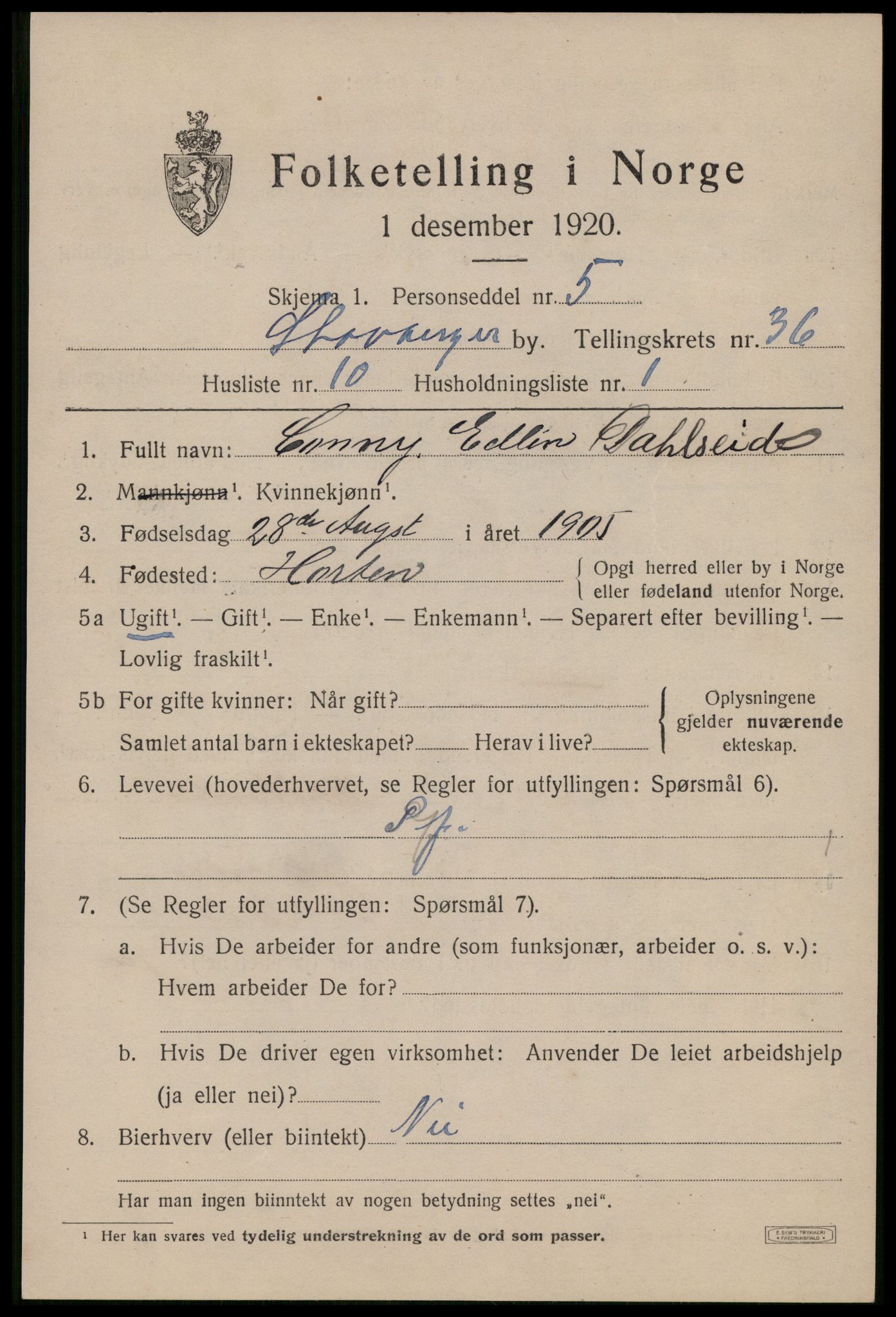 SAST, 1920 census for Stavanger, 1920, p. 95814