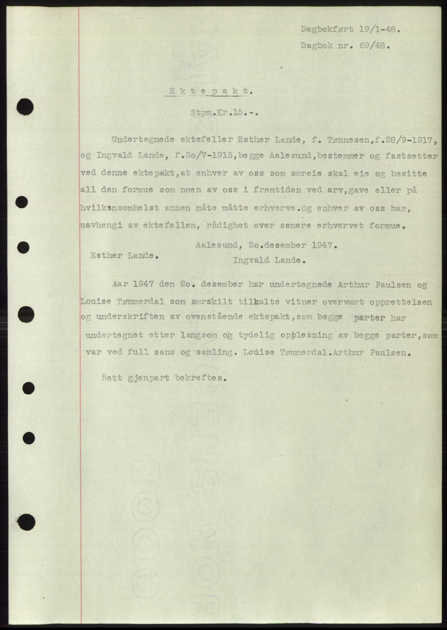 Ålesund byfogd, AV/SAT-A-4384: Mortgage book no. B36-38, 1948-1950, Diary no: : 69/1948