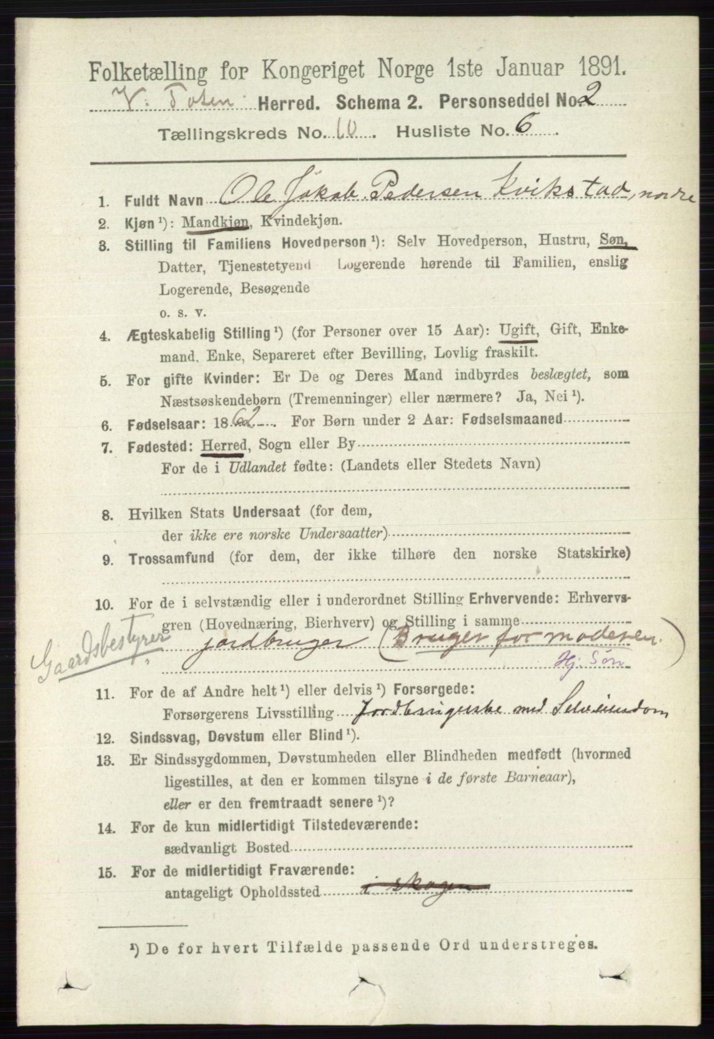 RA, 1891 census for 0529 Vestre Toten, 1891, p. 6221