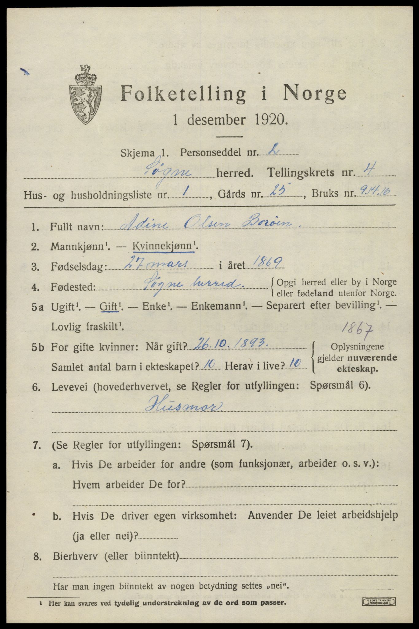 SAK, 1920 census for Søgne, 1920, p. 1999