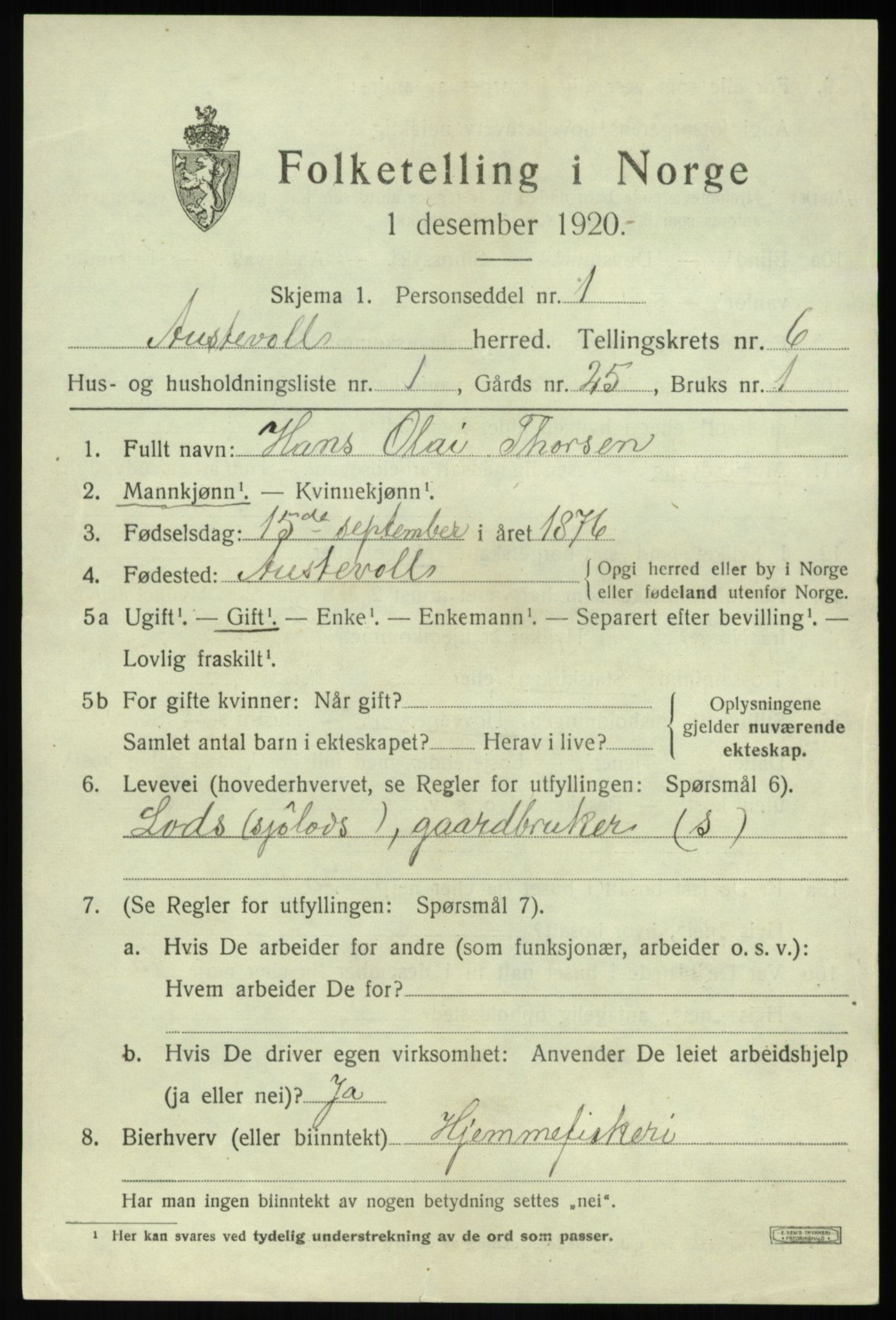 SAB, 1920 census for Austevoll, 1920, p. 3154