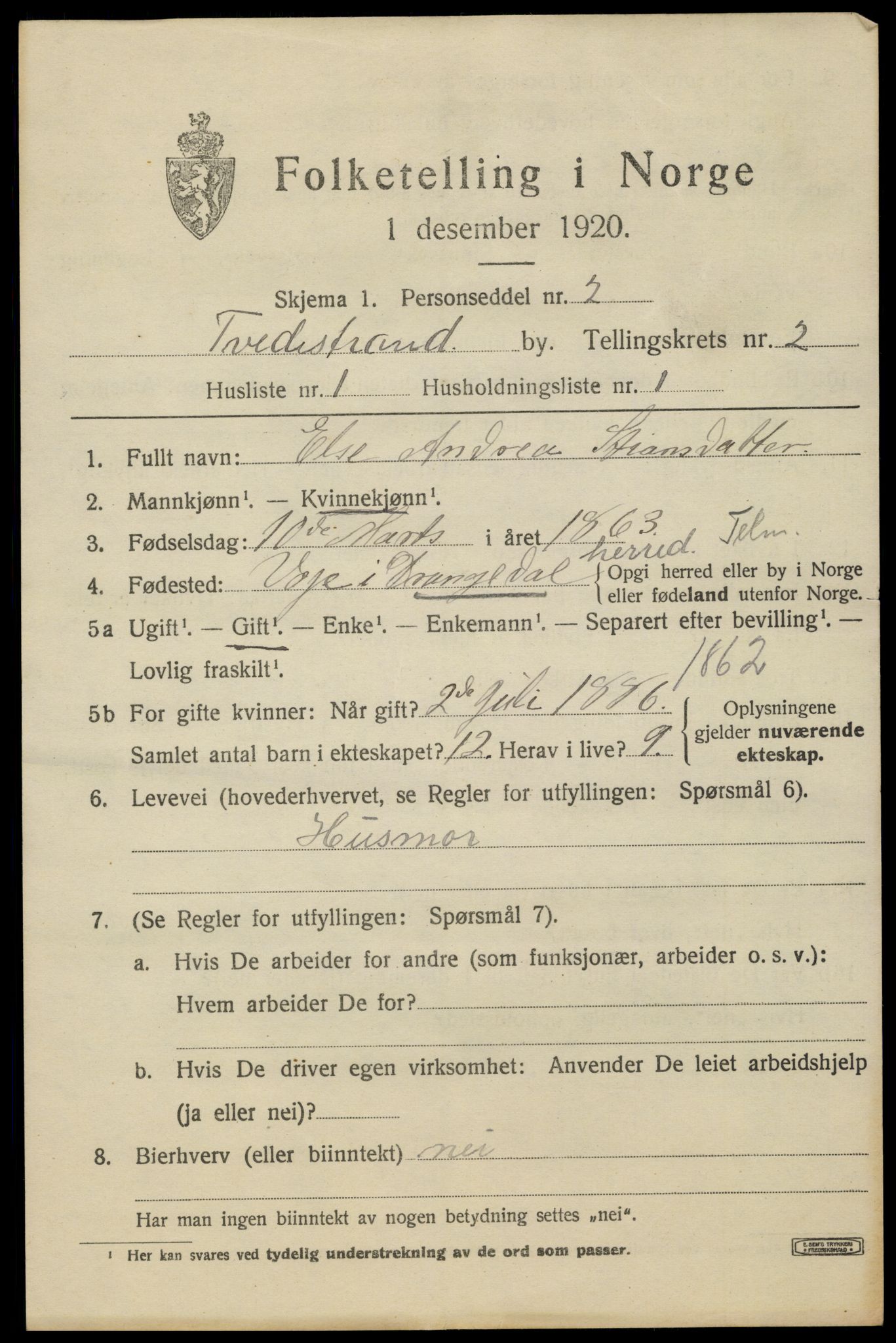 SAK, 1920 census for Tvedestrand, 1920, p. 2515