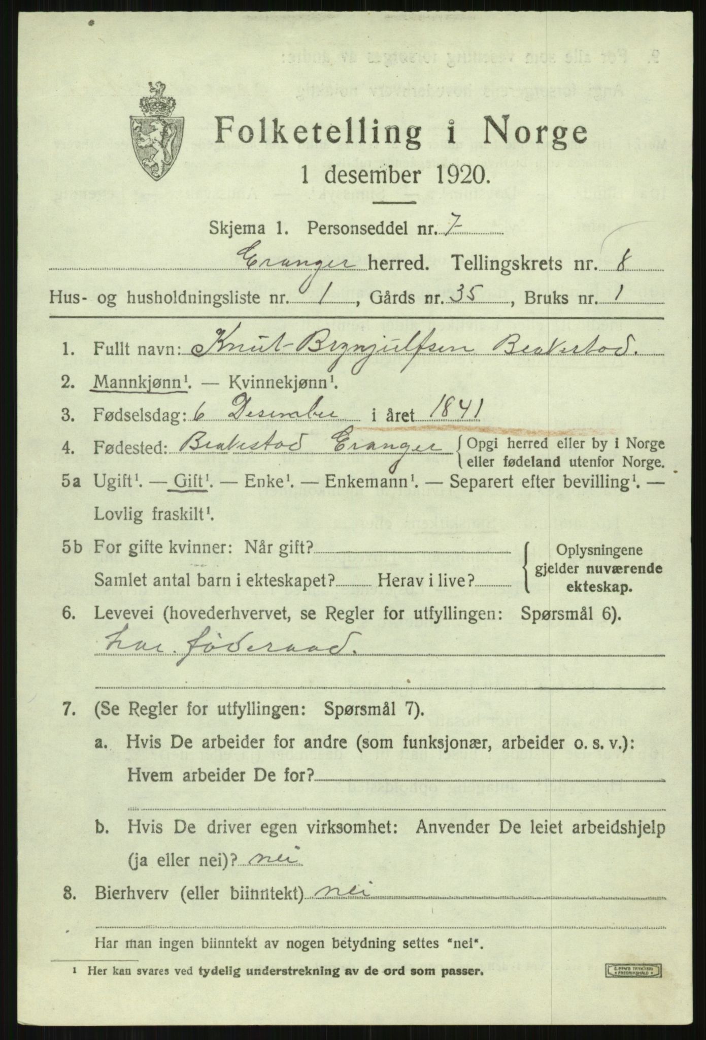 SAB, 1920 census for Evanger, 1920, p. 2491