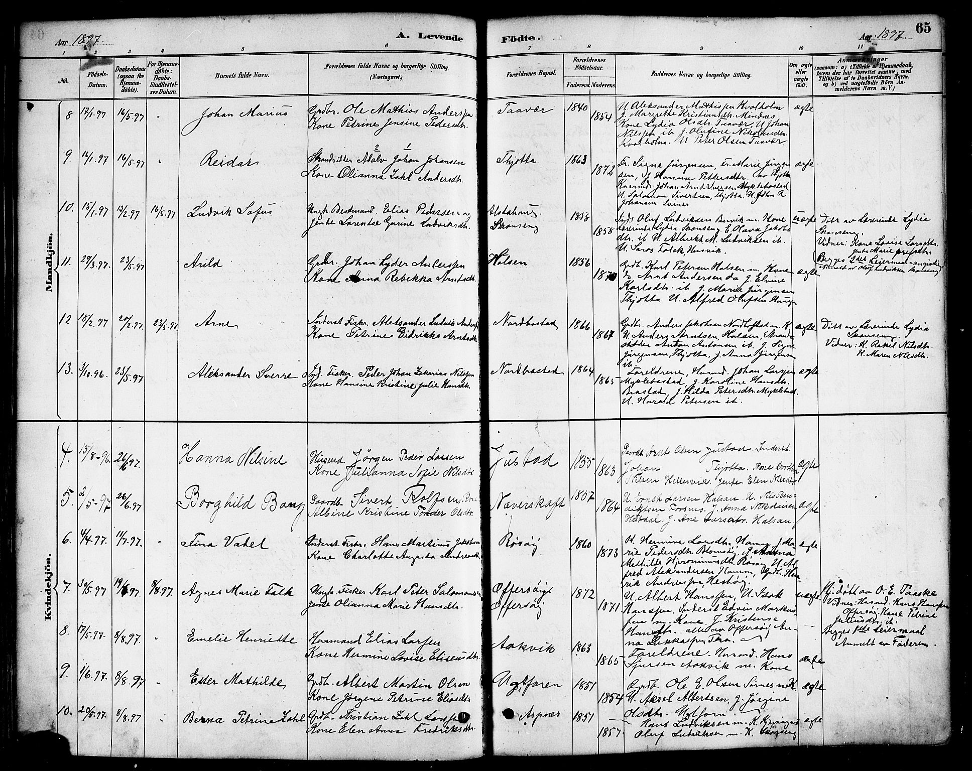 Ministerialprotokoller, klokkerbøker og fødselsregistre - Nordland, AV/SAT-A-1459/817/L0268: Parish register (copy) no. 817C03, 1884-1920, p. 65