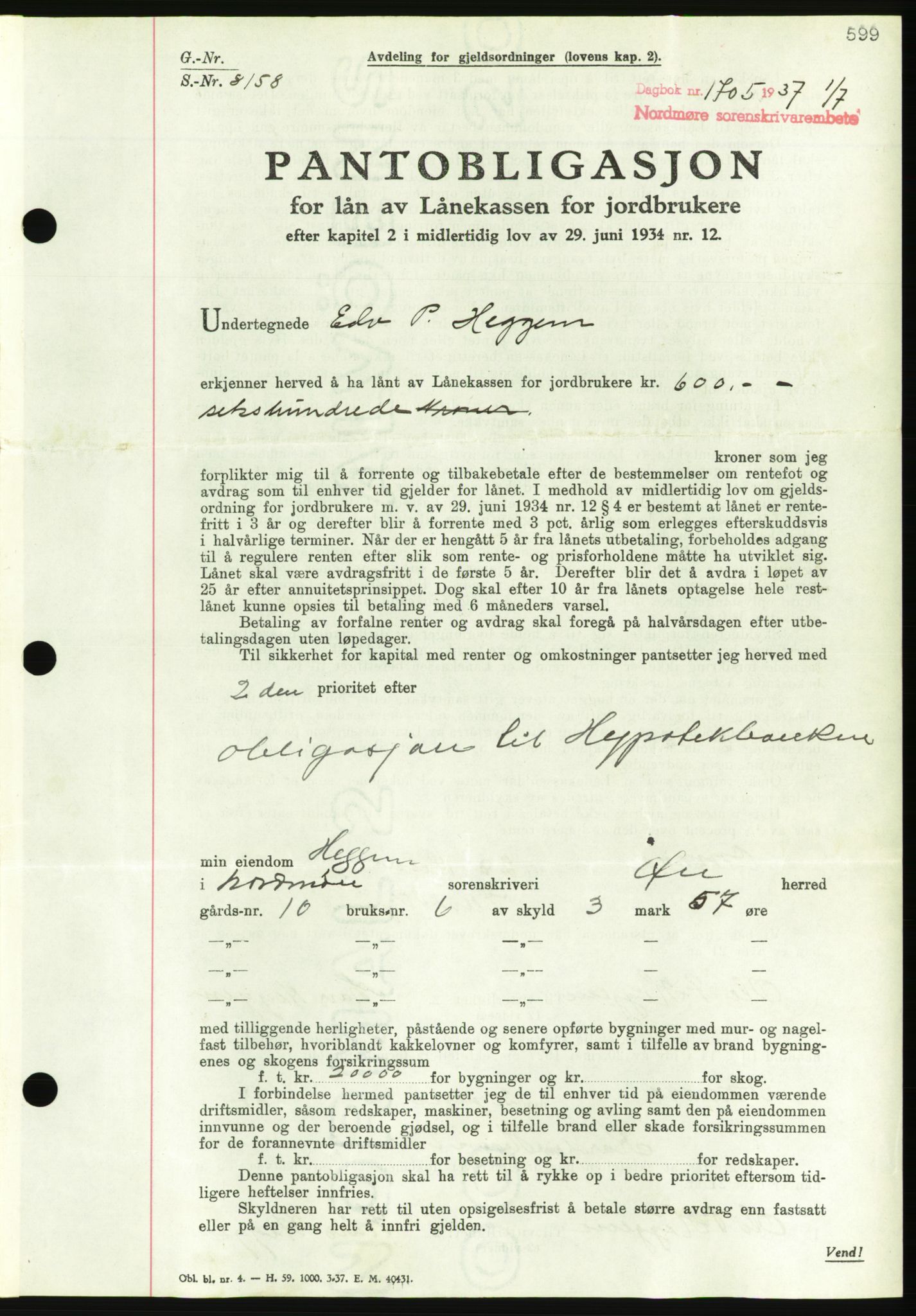 Nordmøre sorenskriveri, AV/SAT-A-4132/1/2/2Ca/L0091: Mortgage book no. B81, 1937-1937, Diary no: : 1705/1937