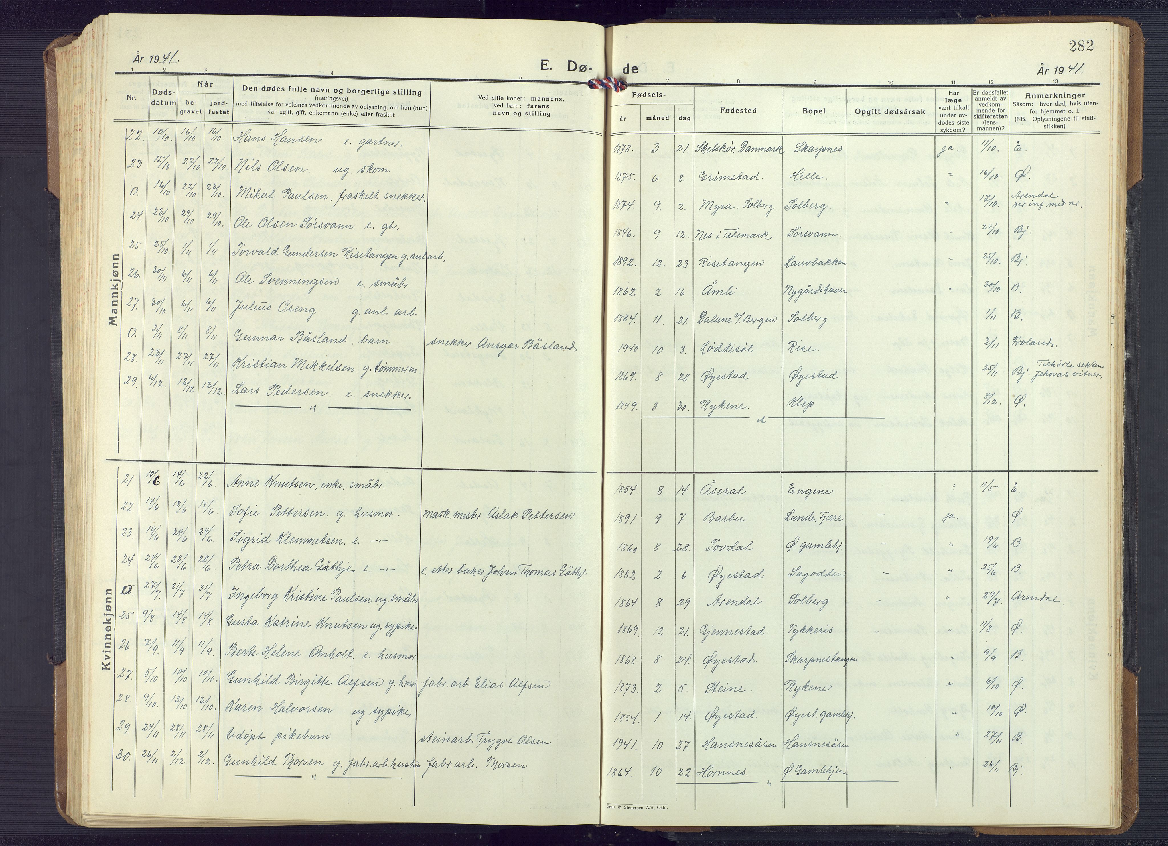 Øyestad sokneprestkontor, SAK/1111-0049/F/Fb/L0013: Parish register (copy) no. B 13, 1933-1945, p. 282