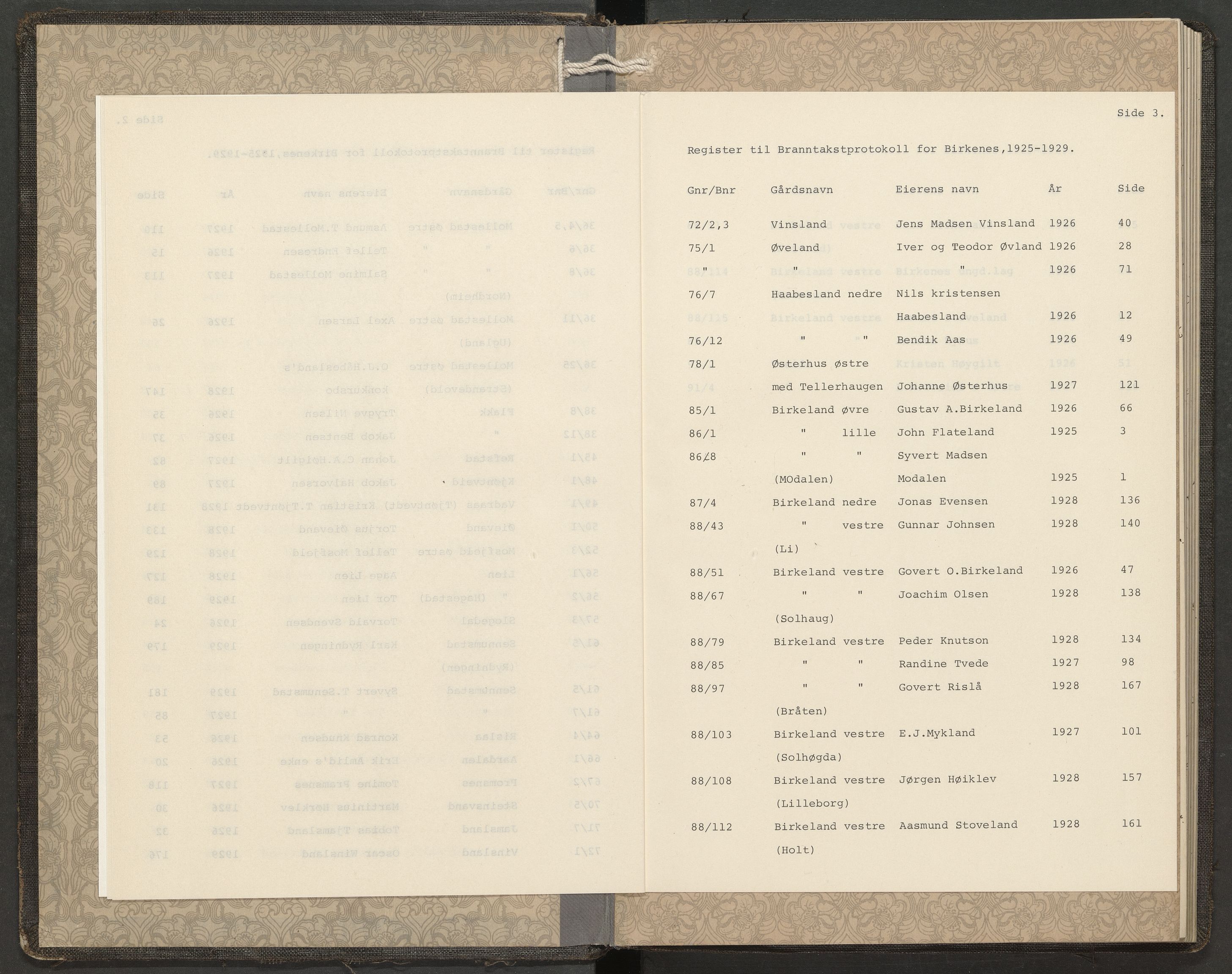 Norges Brannkasse Birkenes, AV/SAK-2241-0005/F/Fa/L0004: Branntakstprotokoll nr. 4 med gårdsnavnregister, 1925-1929