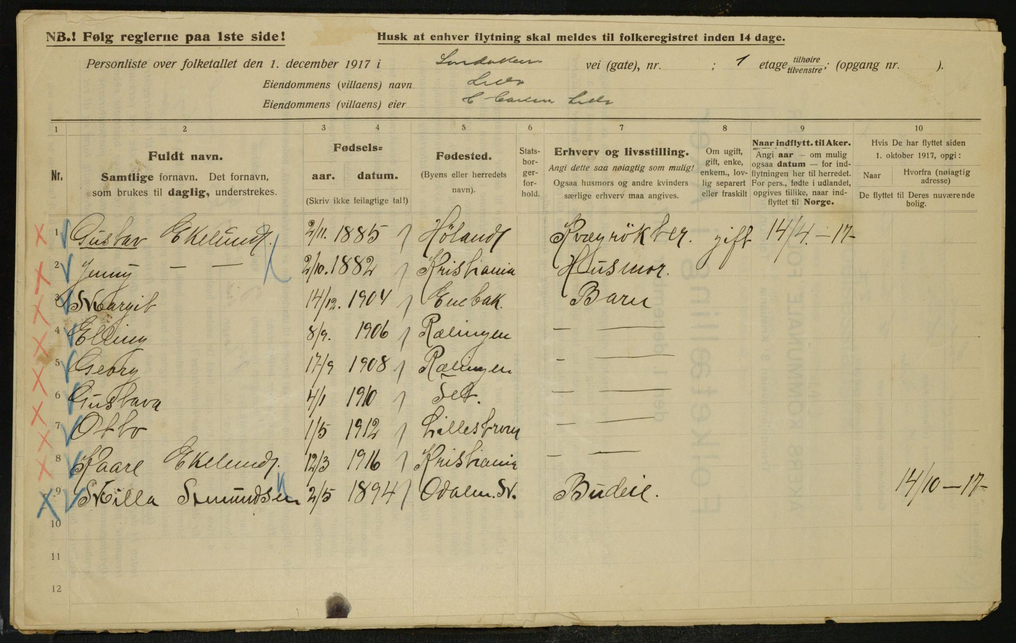 OBA, Municipal Census 1917 for Aker, 1917, p. 13456