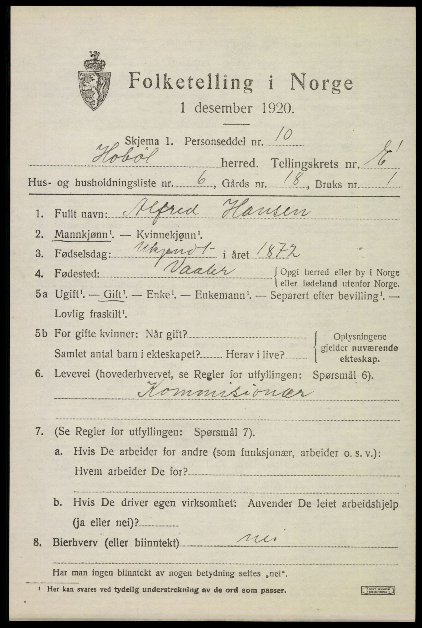 SAO, 1920 census for Hobøl, 1920, p. 5320