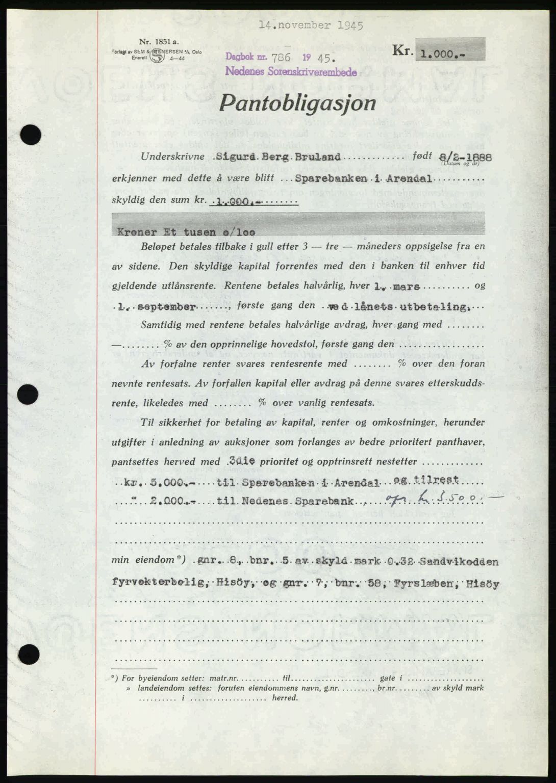Nedenes sorenskriveri, SAK/1221-0006/G/Gb/Gbb/L0003: Mortgage book no. B3a, 1945-1945, Diary no: : 786/1945
