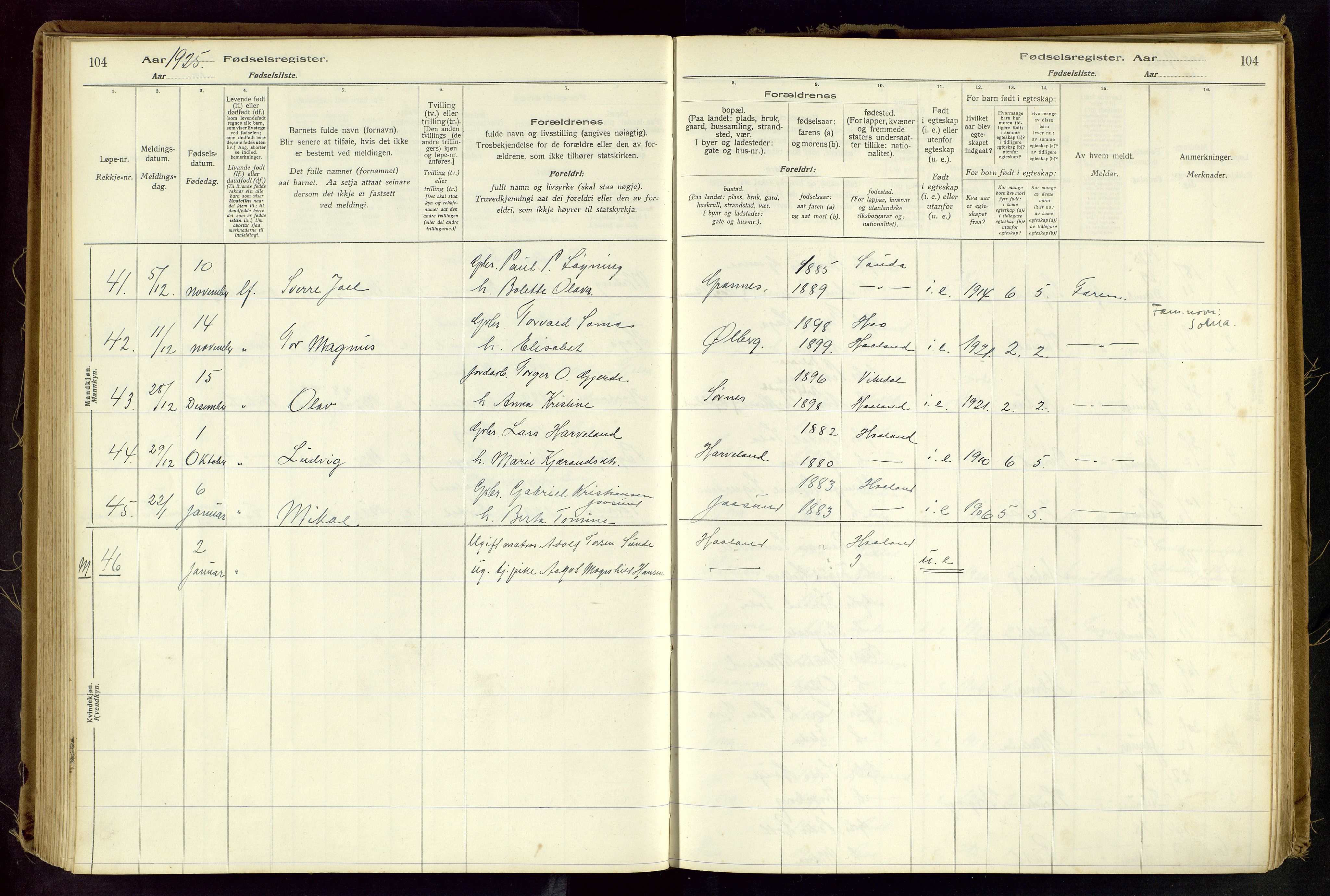 Håland sokneprestkontor, AV/SAST-A-101802/001/704BA/L0001: Birth register no. 1, 1916-1936, p. 104