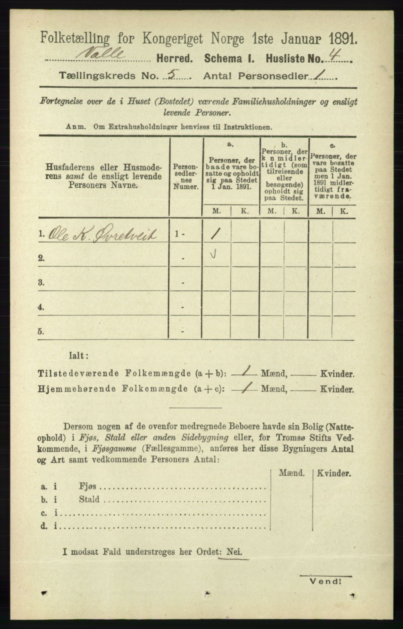 RA, 1891 census for 0940 Valle, 1891, p. 1285