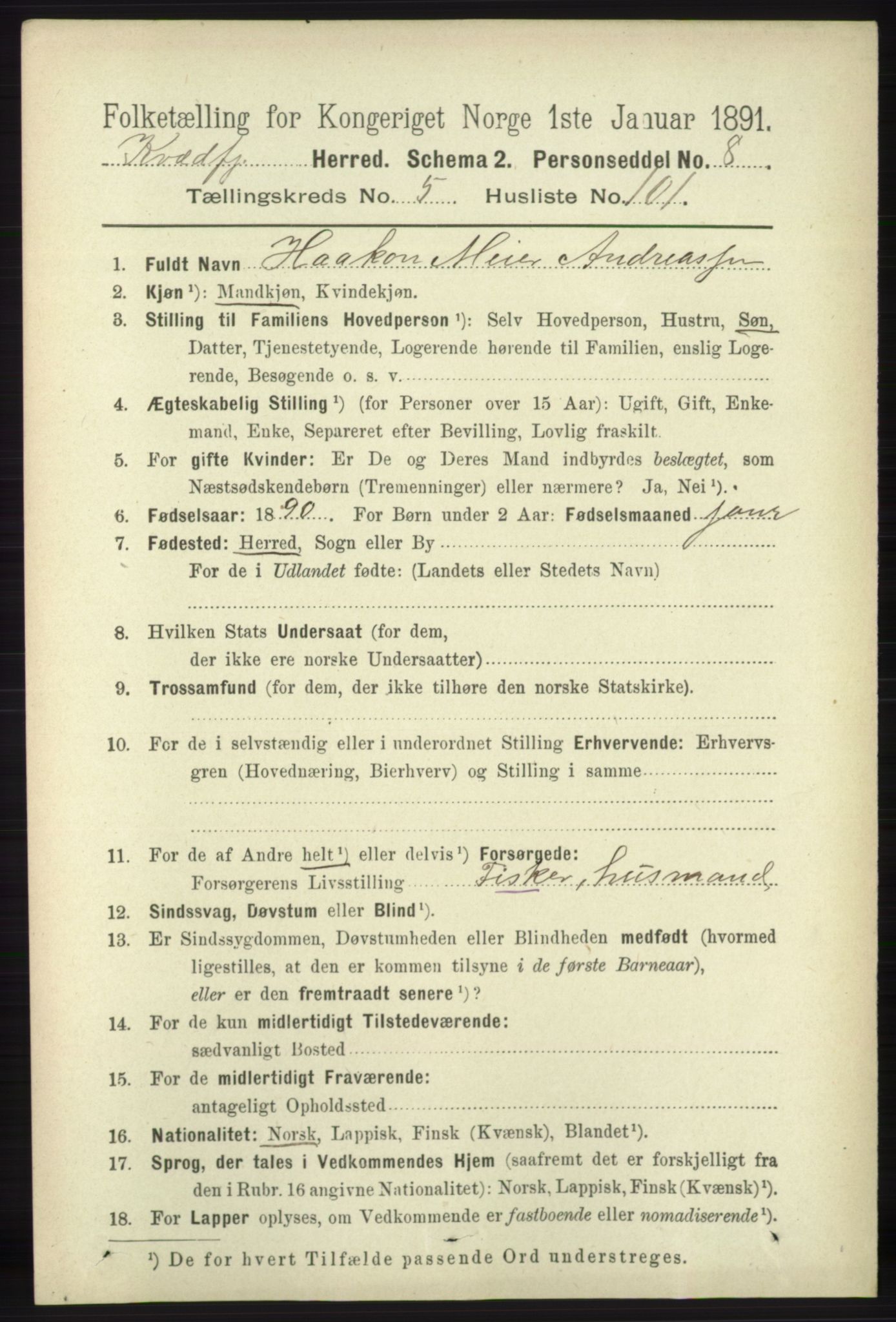 RA, 1891 census for 1911 Kvæfjord, 1891, p. 3481