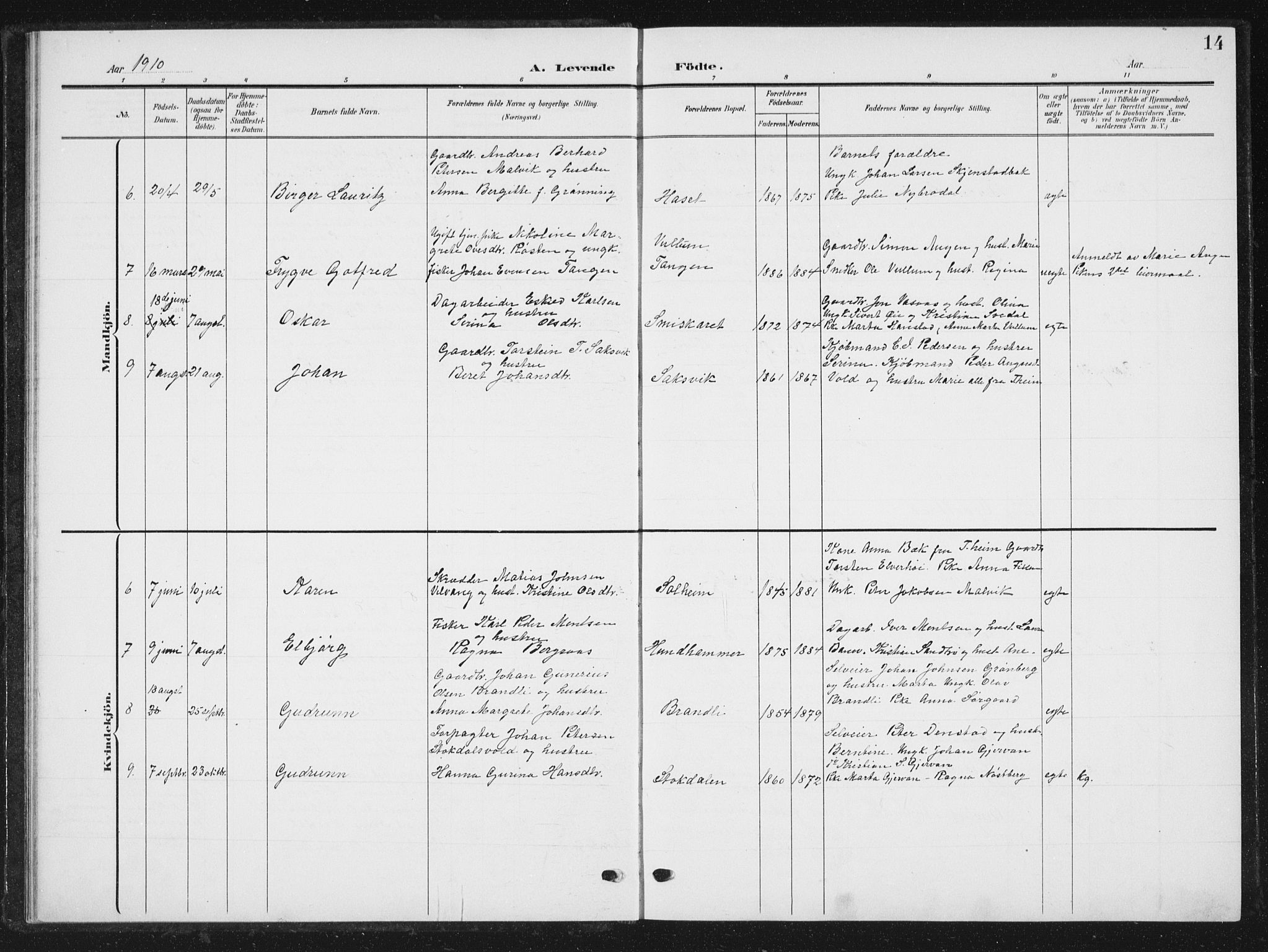 Ministerialprotokoller, klokkerbøker og fødselsregistre - Sør-Trøndelag, AV/SAT-A-1456/616/L0424: Parish register (copy) no. 616C07, 1904-1940, p. 14