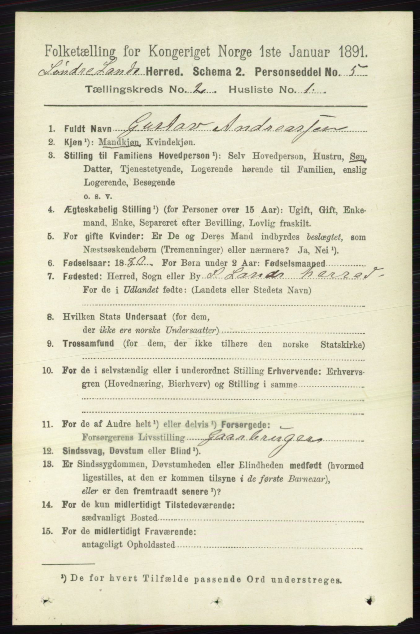 RA, 1891 census for 0536 Søndre Land, 1891, p. 1032