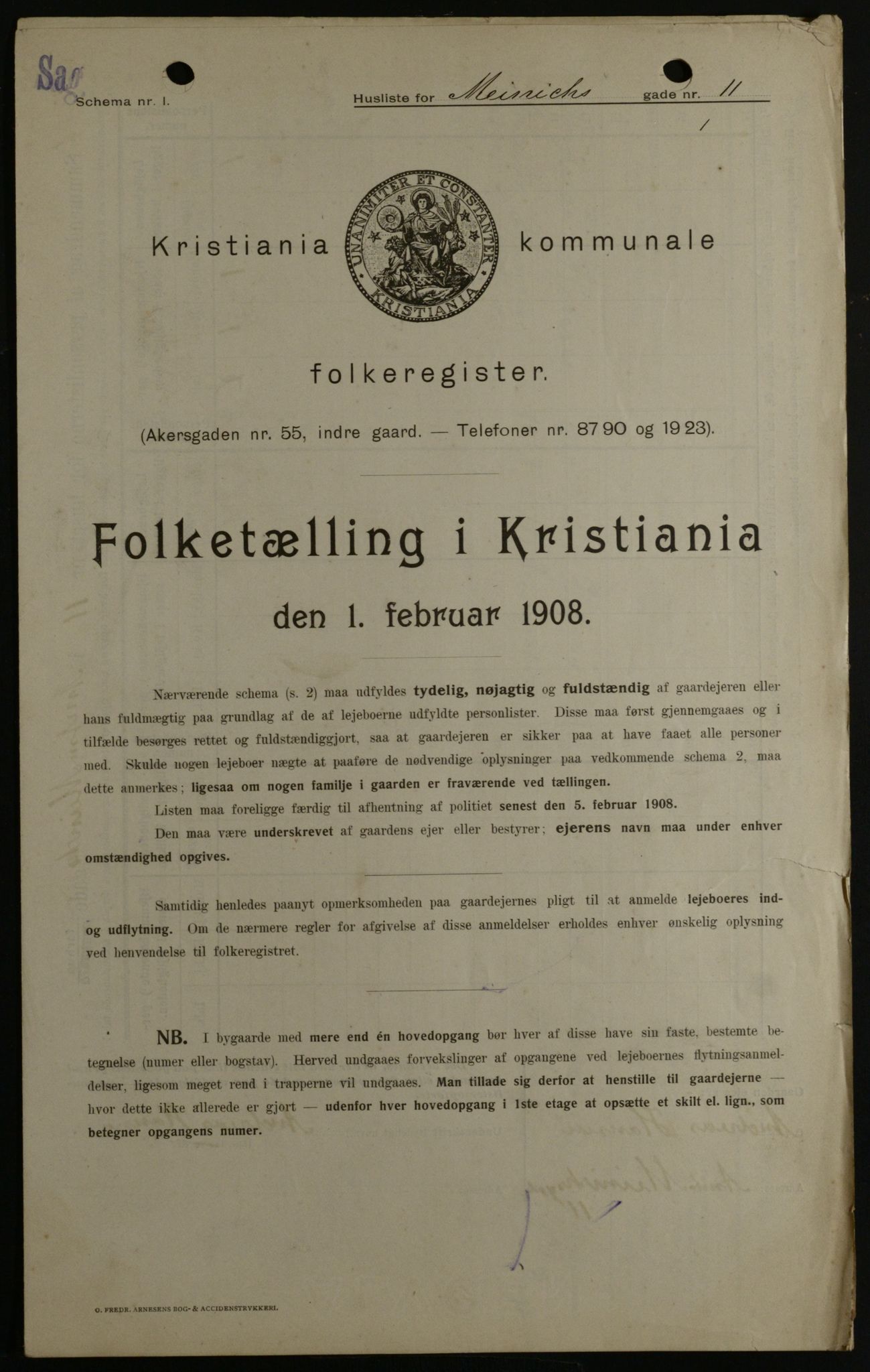 OBA, Municipal Census 1908 for Kristiania, 1908, p. 1423