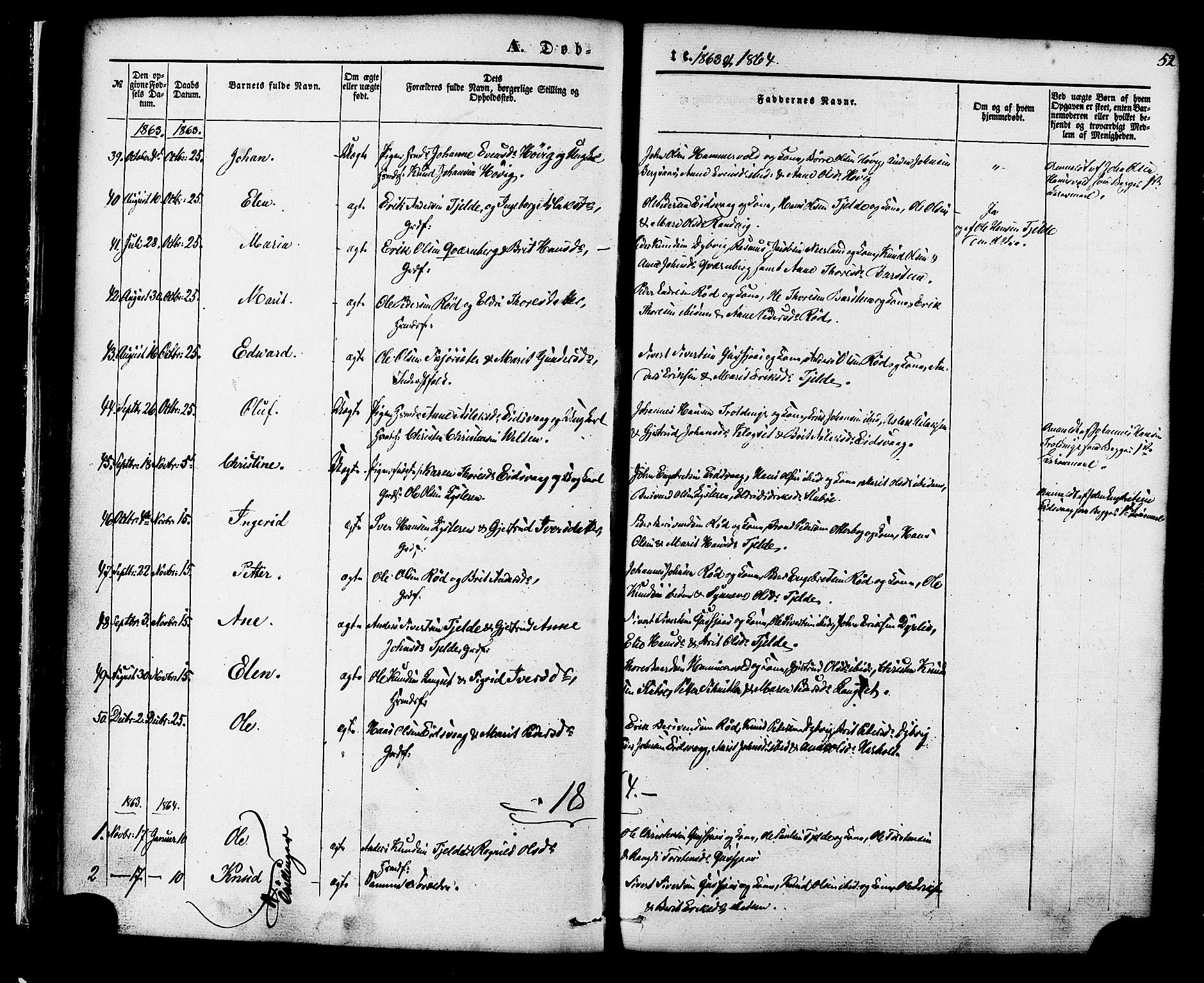 Ministerialprotokoller, klokkerbøker og fødselsregistre - Møre og Romsdal, SAT/A-1454/551/L0625: Parish register (official) no. 551A05, 1846-1879, p. 52