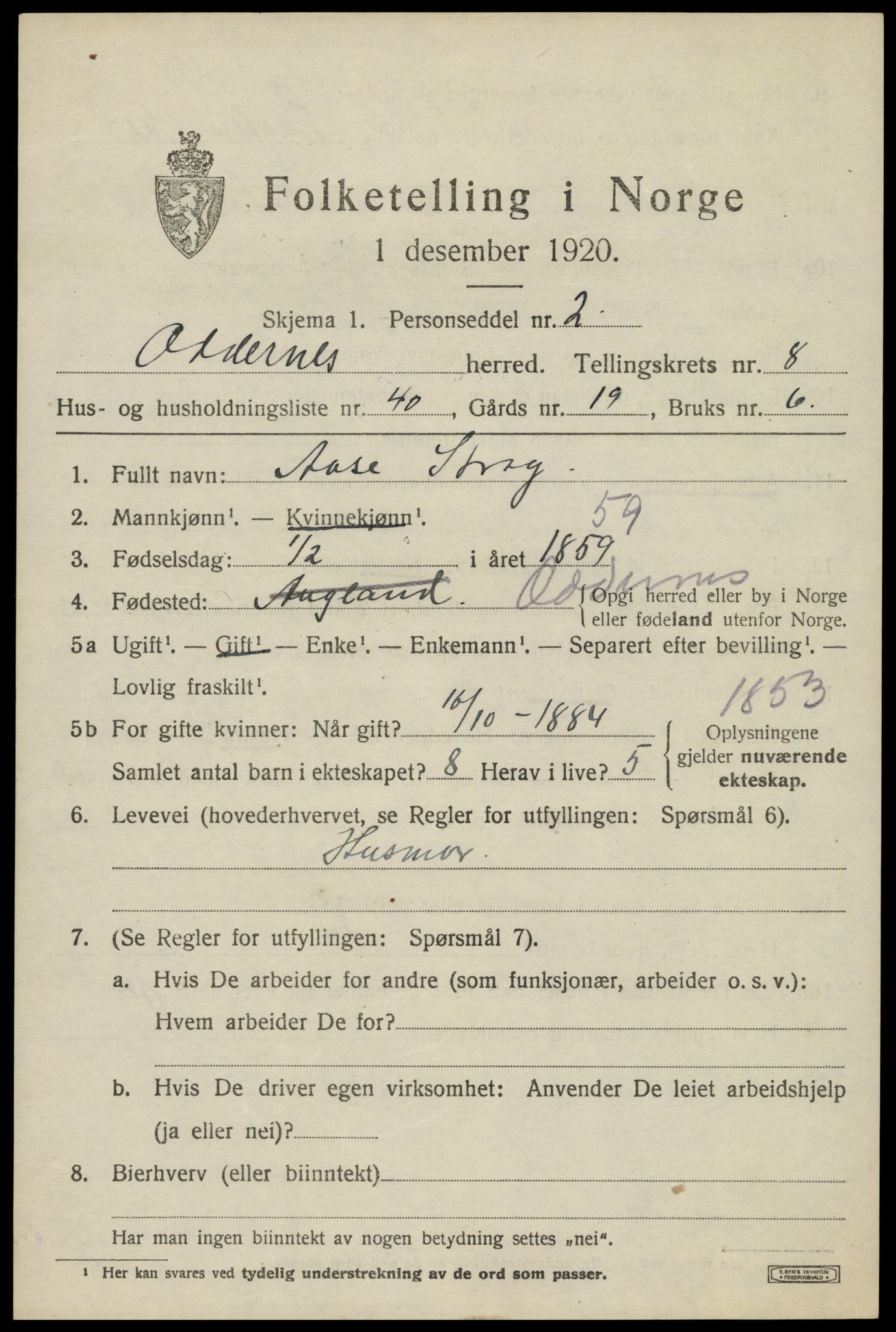 SAK, 1920 census for Oddernes, 1920, p. 6035