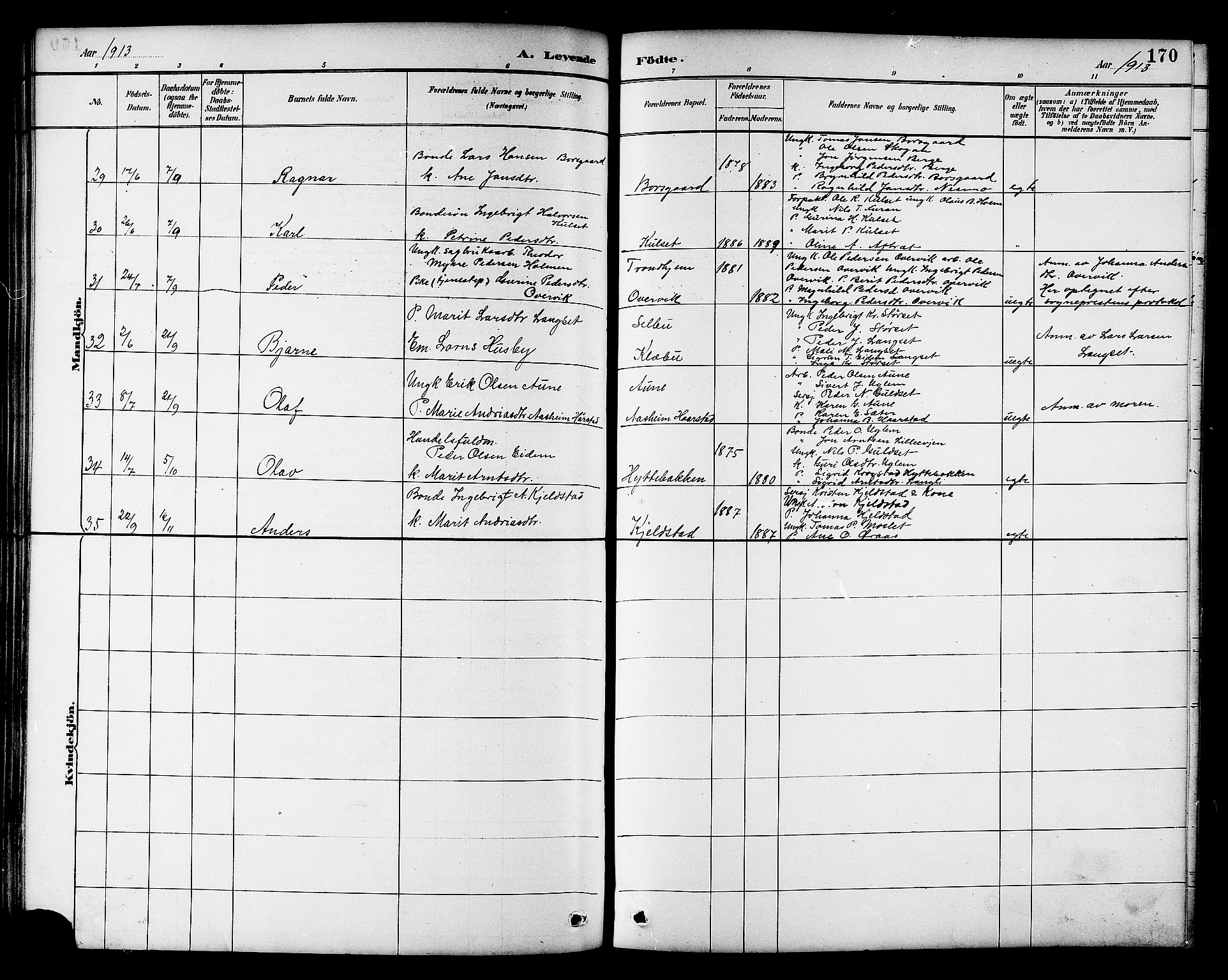 Ministerialprotokoller, klokkerbøker og fødselsregistre - Sør-Trøndelag, AV/SAT-A-1456/695/L1157: Parish register (copy) no. 695C08, 1889-1913, p. 170