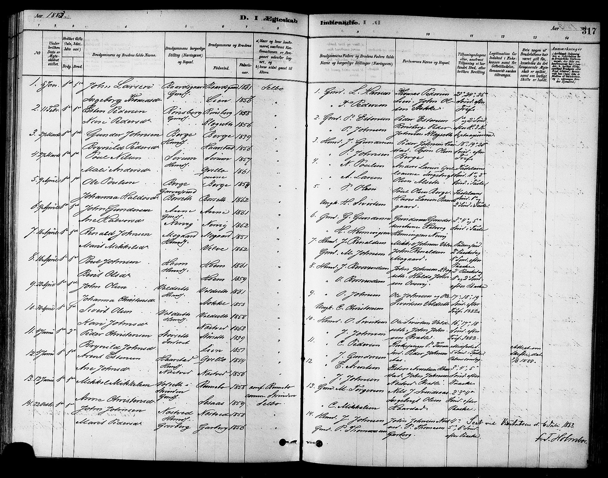 Ministerialprotokoller, klokkerbøker og fødselsregistre - Sør-Trøndelag, SAT/A-1456/695/L1148: Parish register (official) no. 695A08, 1878-1891, p. 317