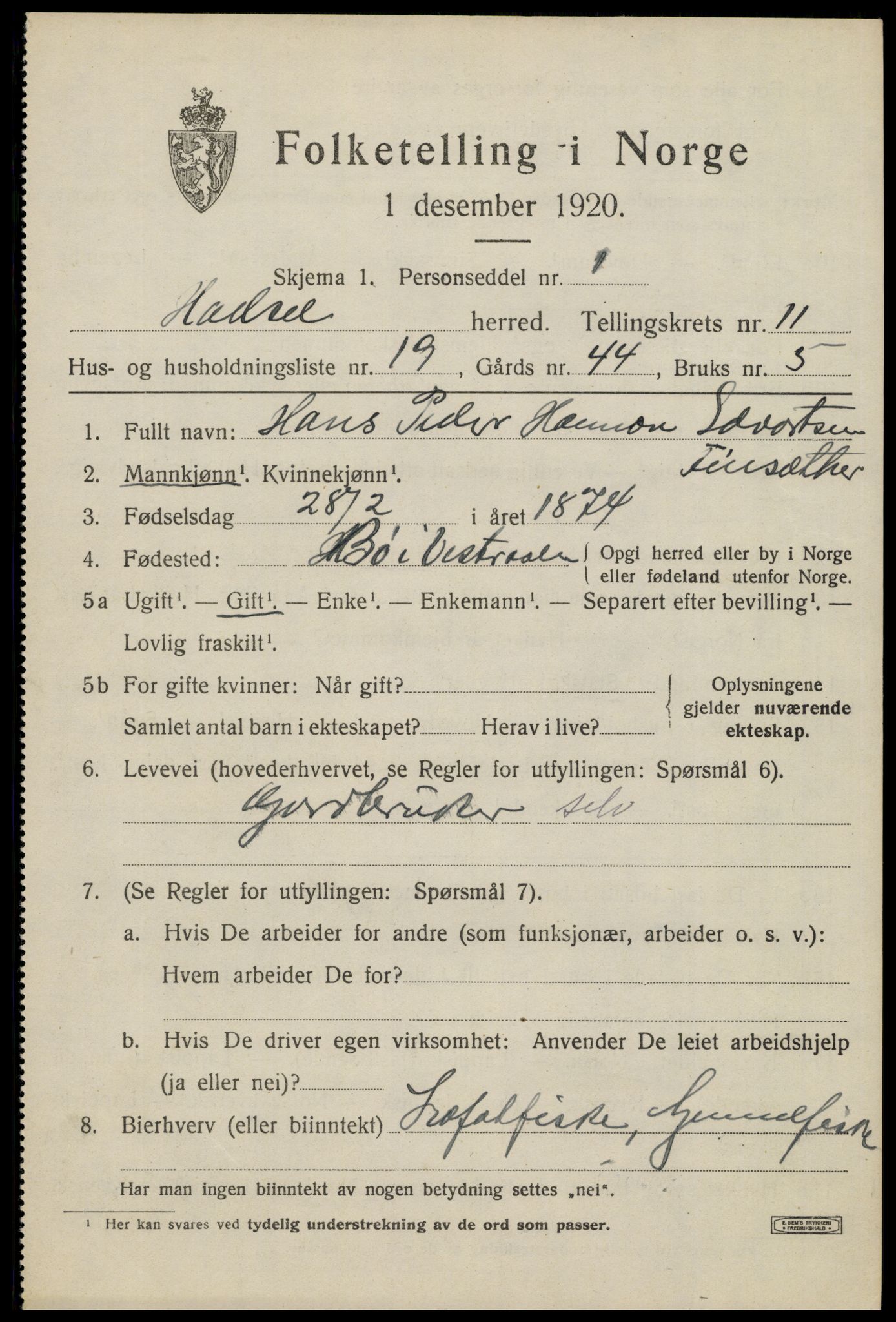 SAT, 1920 census for Hadsel, 1920, p. 8930