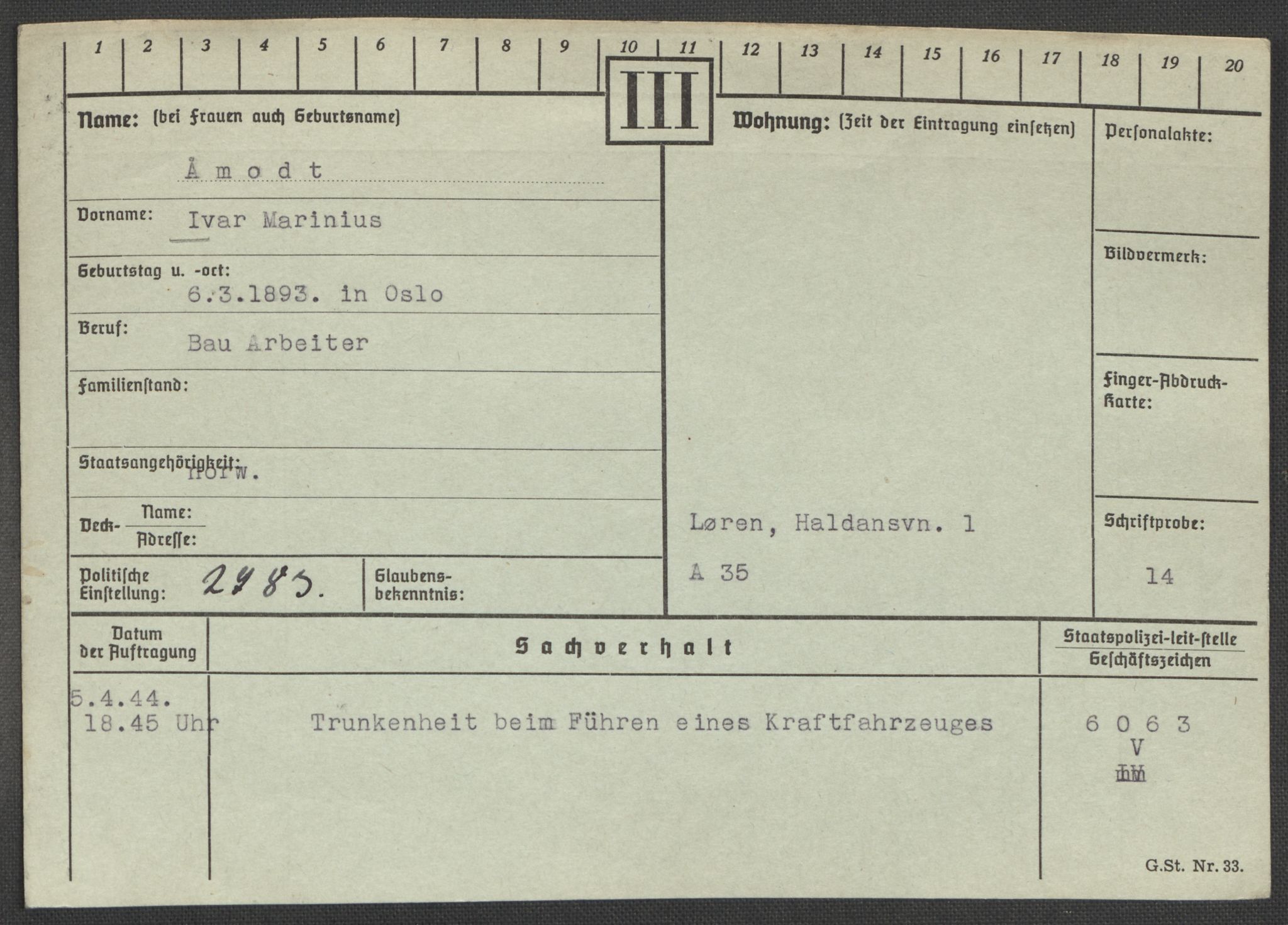 Befehlshaber der Sicherheitspolizei und des SD, AV/RA-RAFA-5969/E/Ea/Eaa/L0010: Register over norske fanger i Møllergata 19: Sø-Å, 1940-1945, p. 1414